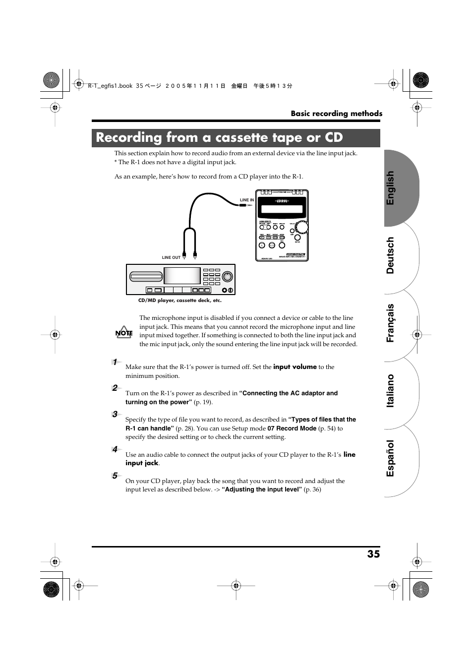 Recording from a cassette tape or cd, English deutsch français italiano español 35 | Roland R-1 User Manual | Page 35 / 160