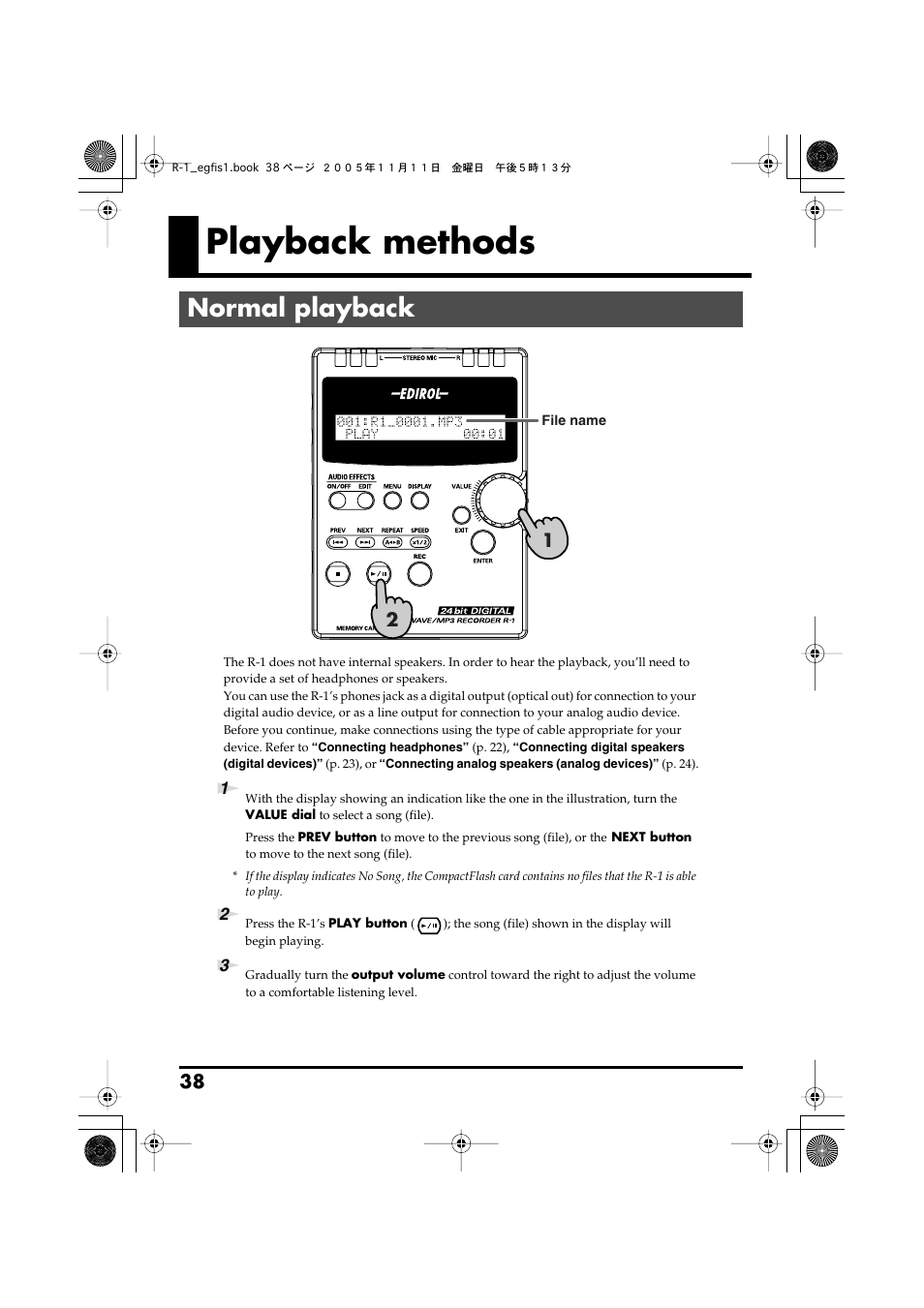 Playback methods, Normal playback, P. 38) | Roland R-1 User Manual | Page 38 / 160