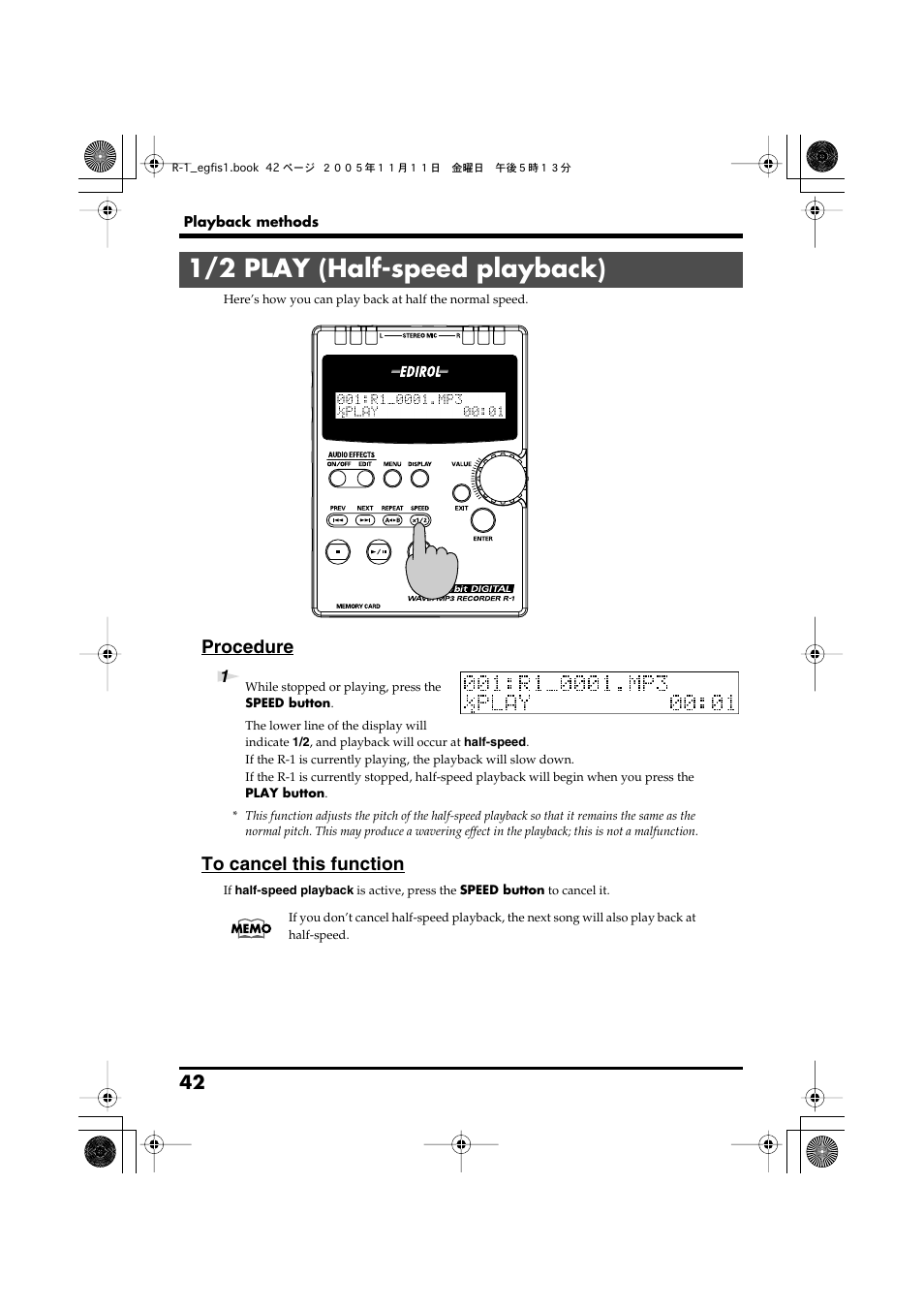 1/2 play (half-speed playback), Procedure | Roland R-1 User Manual | Page 42 / 160