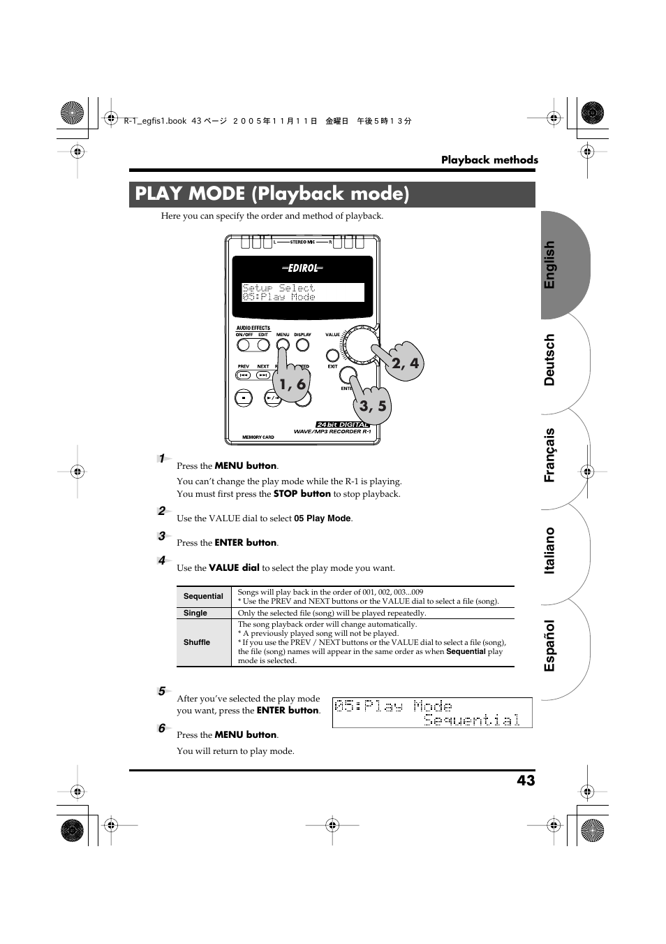 Play mode (playback mode), English deutsch français italiano español 43 | Roland R-1 User Manual | Page 43 / 160