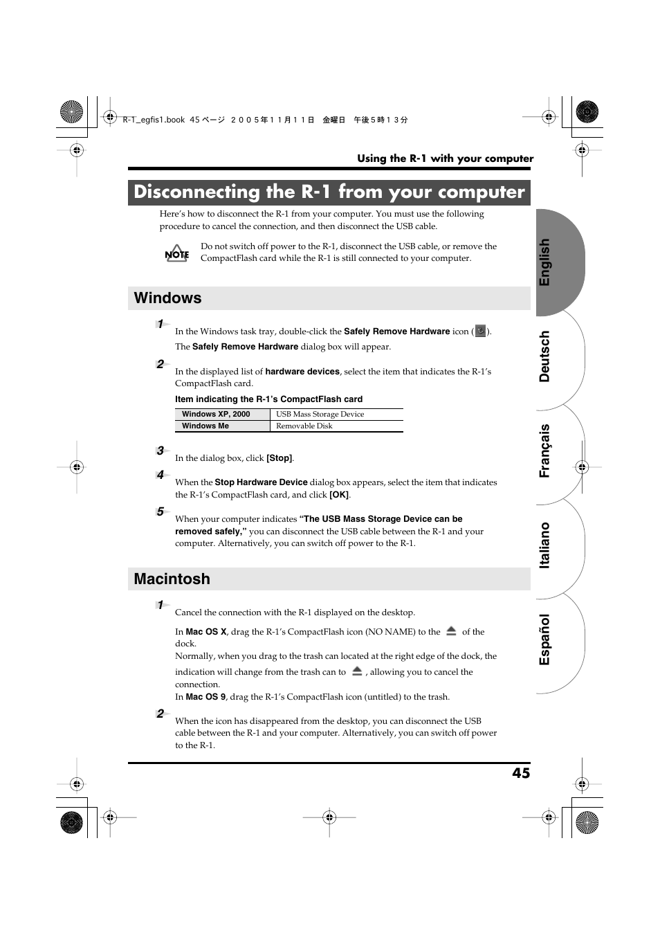 Disconnecting the r-1 from your computer, Windows, Macintosh | English deutsch français italiano español 45 | Roland R-1 User Manual | Page 45 / 160