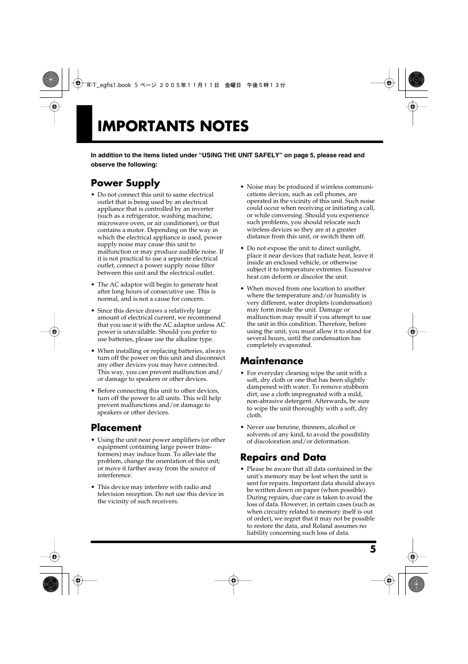 Importants notes, Power supply, Placement | Maintenance, Repairs and data | Roland R-1 User Manual | Page 5 / 160