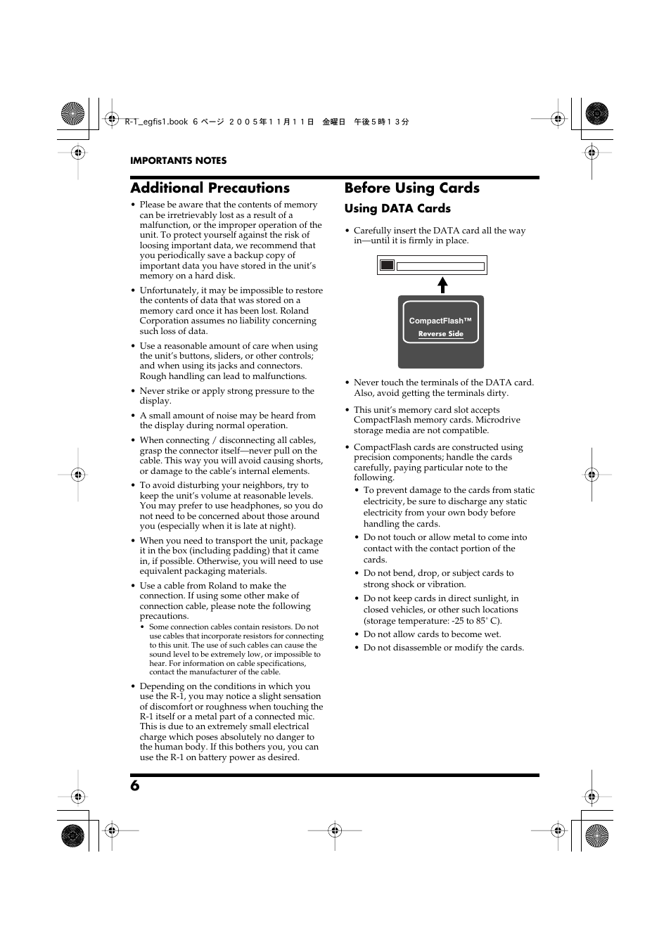 Additional precautions, Before using cards, Using data cards | Roland R-1 User Manual | Page 6 / 160