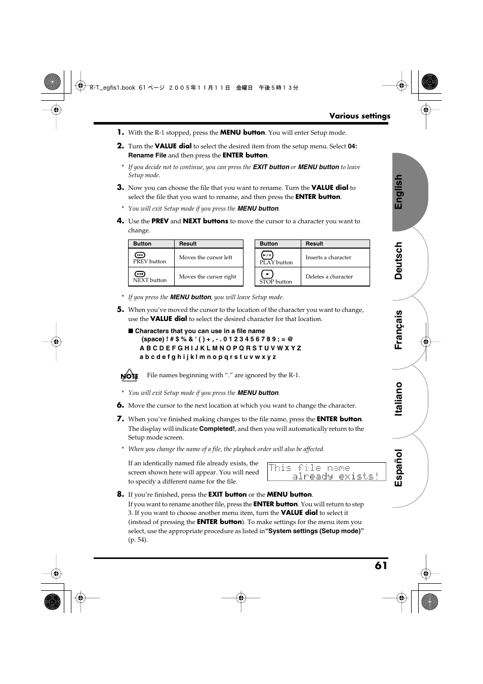 English deutsch français italiano español 61 | Roland R-1 User Manual | Page 61 / 160