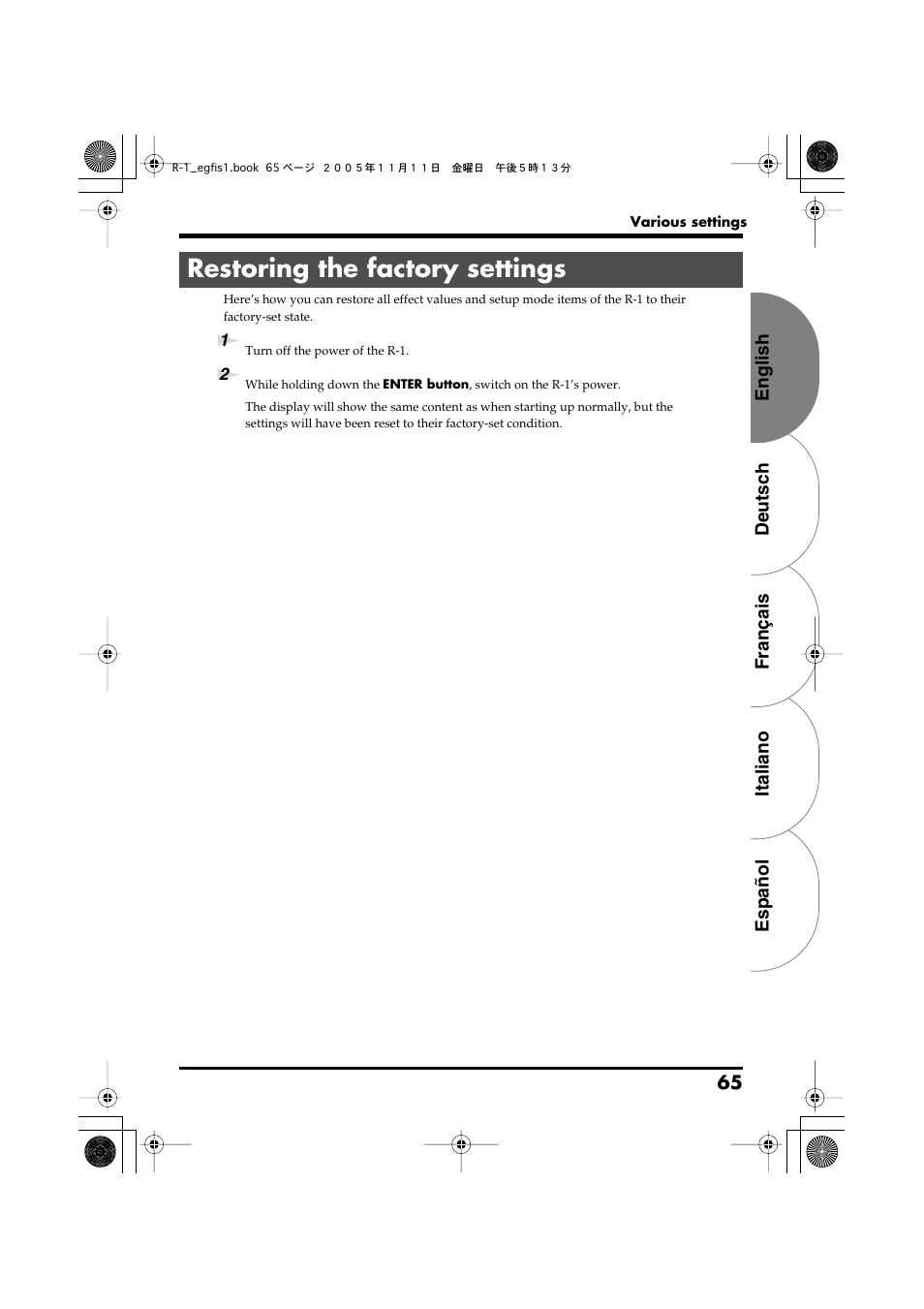 Restoring the factory settings | Roland R-1 User Manual | Page 65 / 160