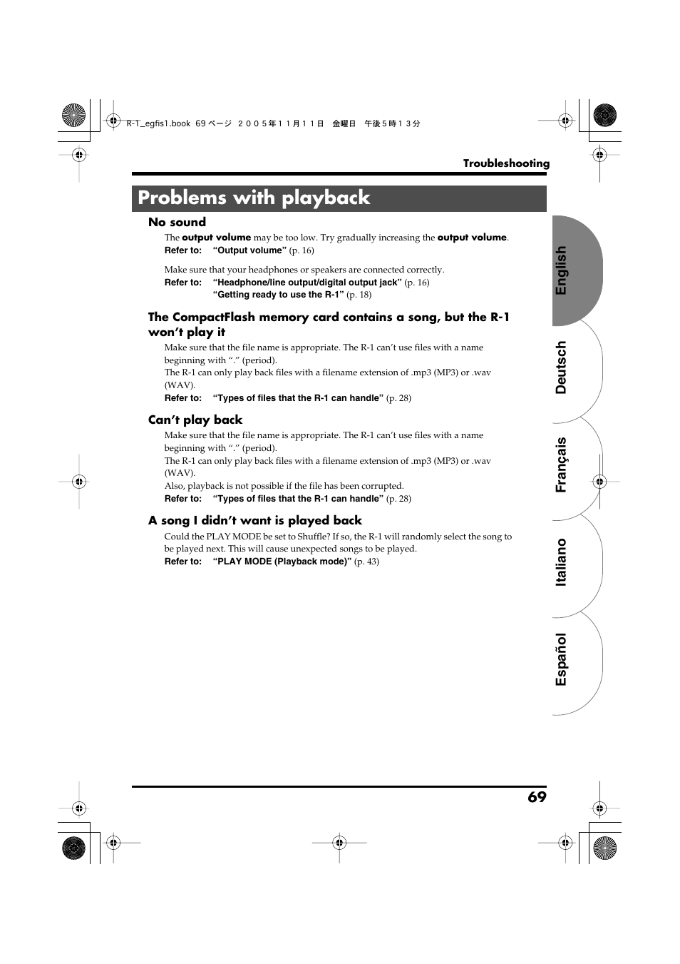 Problems with playback, English deutsch français italiano español 69 | Roland R-1 User Manual | Page 69 / 160
