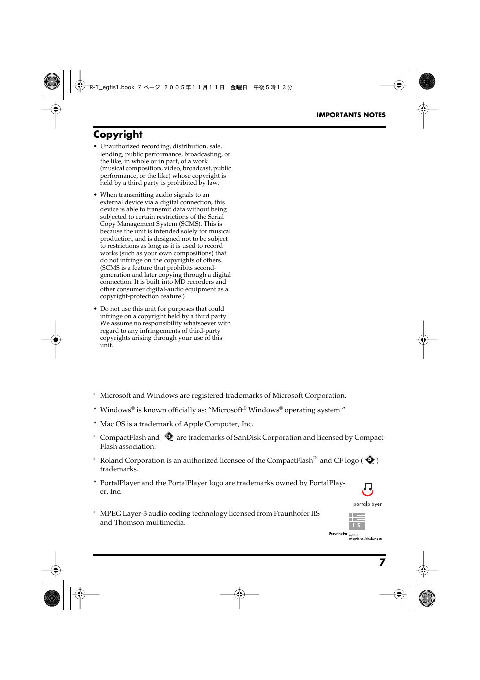 Copyright | Roland R-1 User Manual | Page 7 / 160