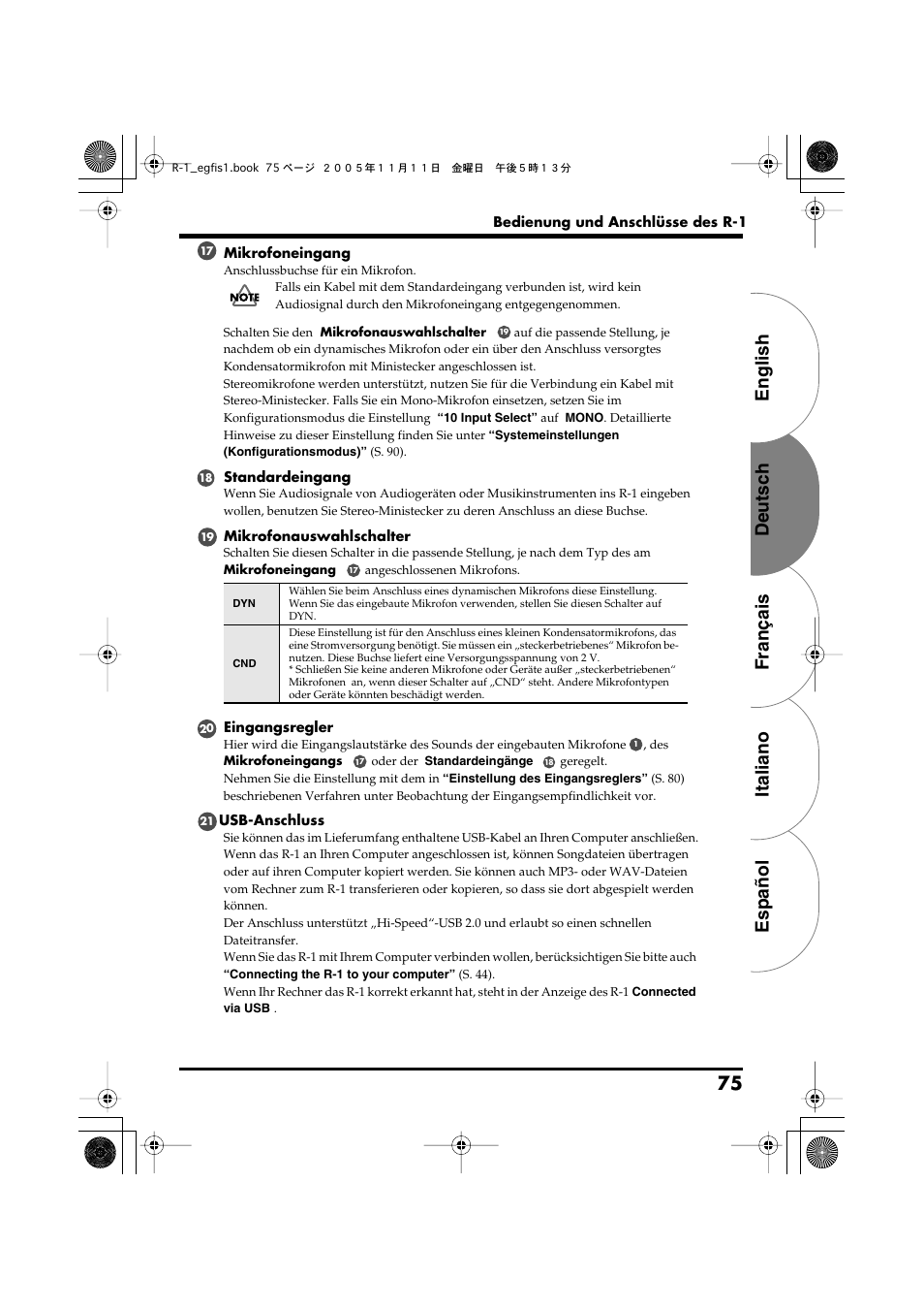English deutsch français italiano español 75 | Roland R-1 User Manual | Page 75 / 160