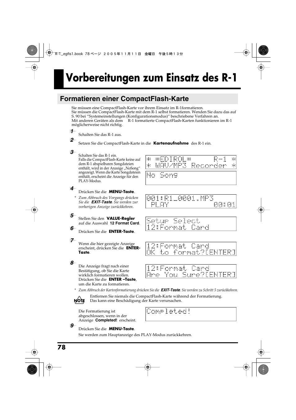 Vorbereitungen zum einsatz des r-1, Formatieren einer compactflash-karte | Roland R-1 User Manual | Page 78 / 160