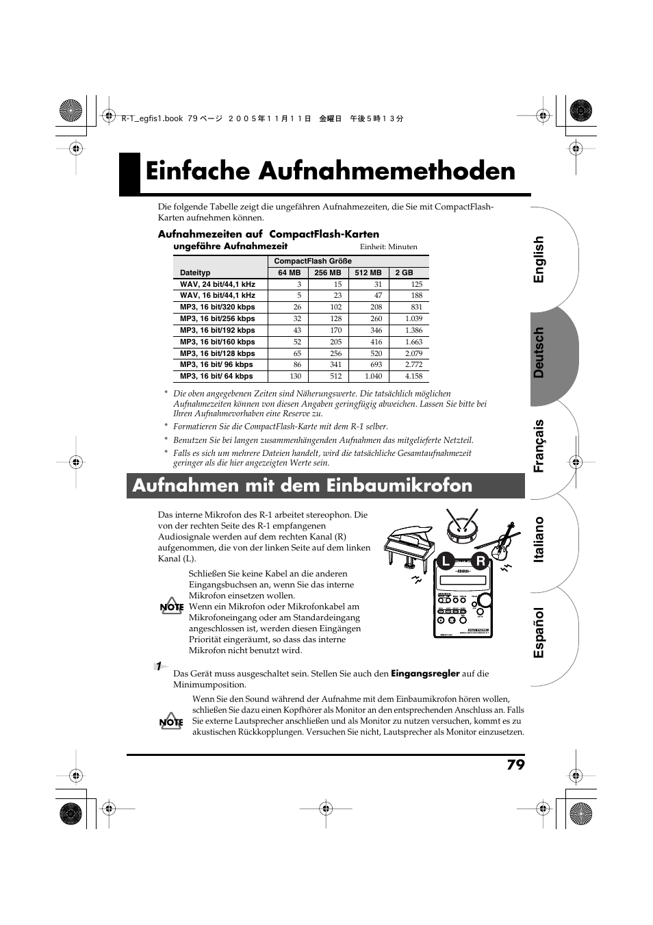 Einfache aufnahmemethoden, Aufnahmen mit dem einbaumikrofon, English deutsch français italiano español 79 | Roland R-1 User Manual | Page 79 / 160