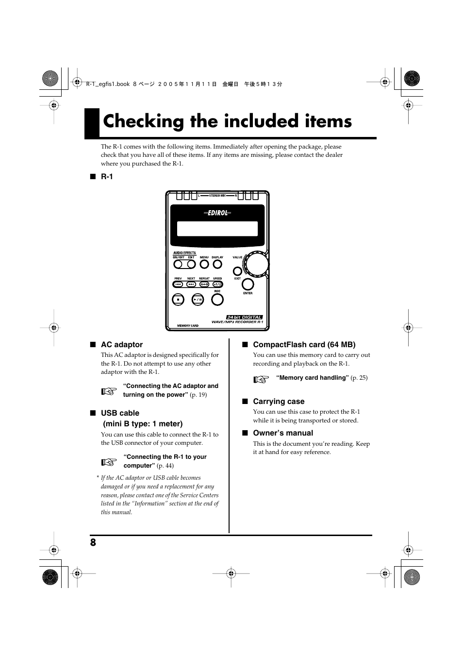 Checking the included items | Roland R-1 User Manual | Page 8 / 160