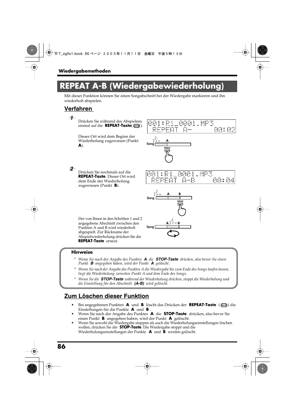 Repeat a-b (wiedergabewiederholung), Verfahren, Zum löschen dieser funktion | Roland R-1 User Manual | Page 86 / 160