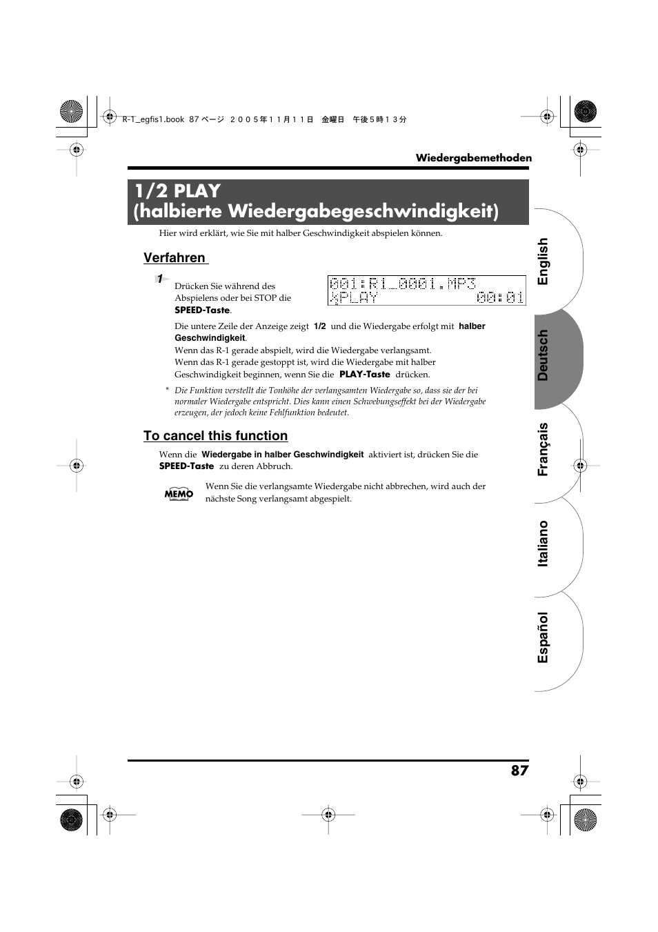 1/2 play (halbierte wiedergabegeschwindigkeit), English deutsch français italiano español 87, Verfahren | Roland R-1 User Manual | Page 87 / 160