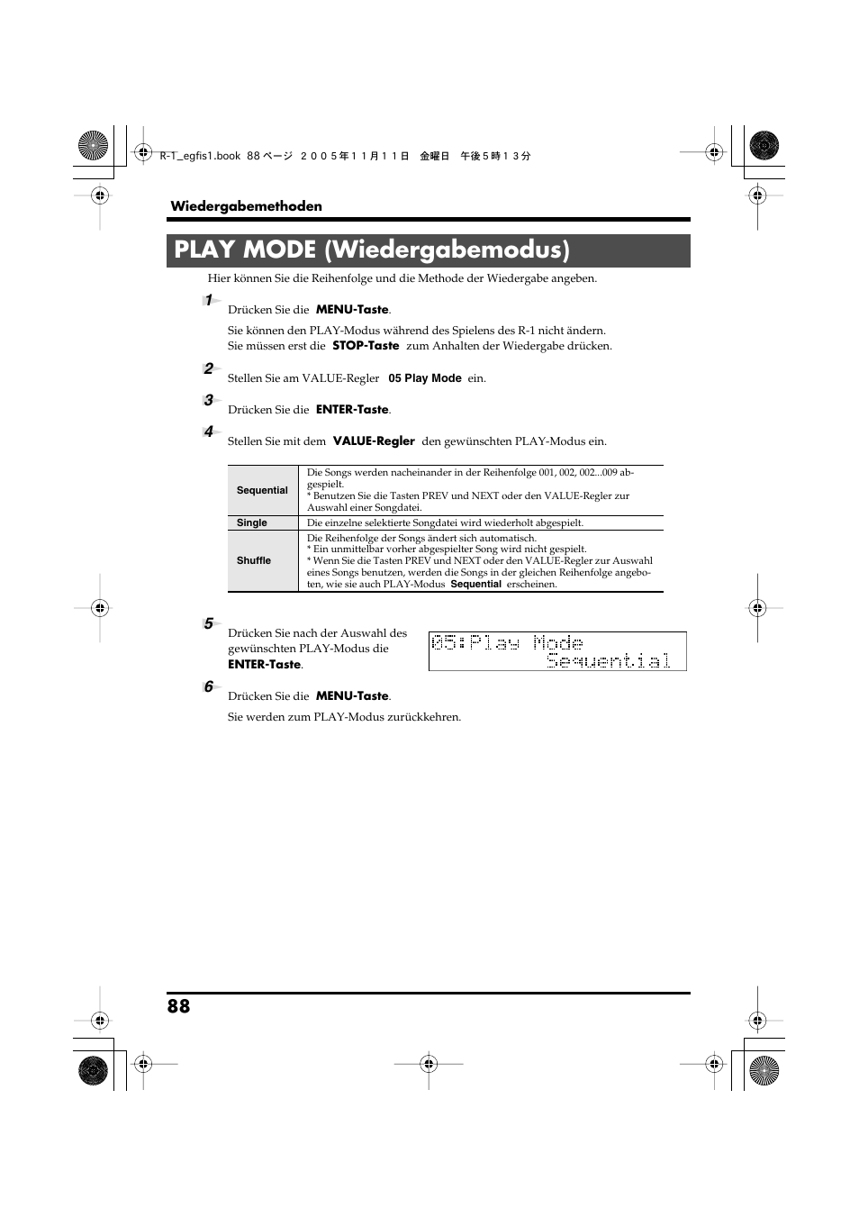 Play mode (wiedergabemodus) | Roland R-1 User Manual | Page 88 / 160