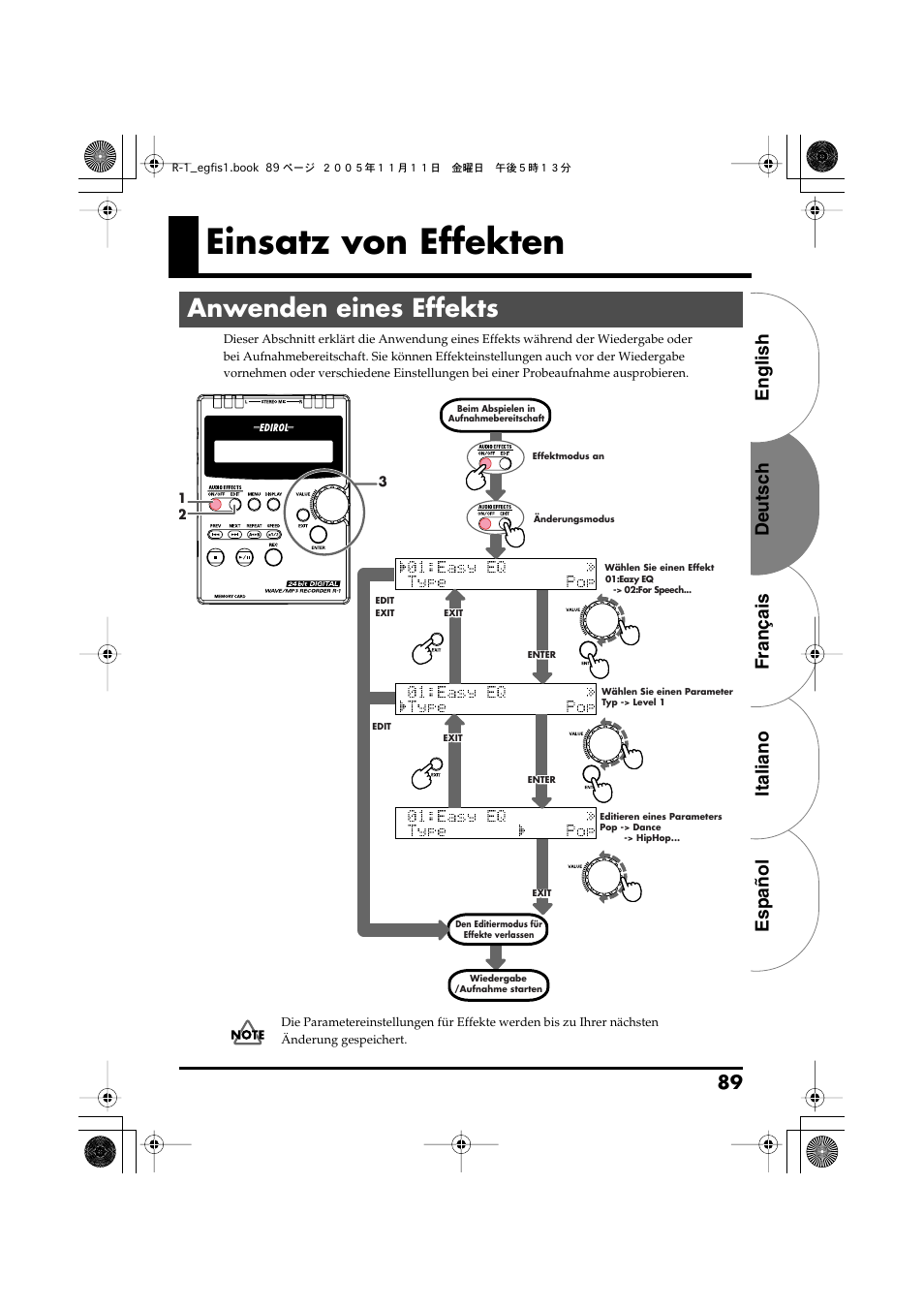 Einsatz von effekten, Anwenden eines effekts, English deutsch français italiano español 89 | Roland R-1 User Manual | Page 89 / 160