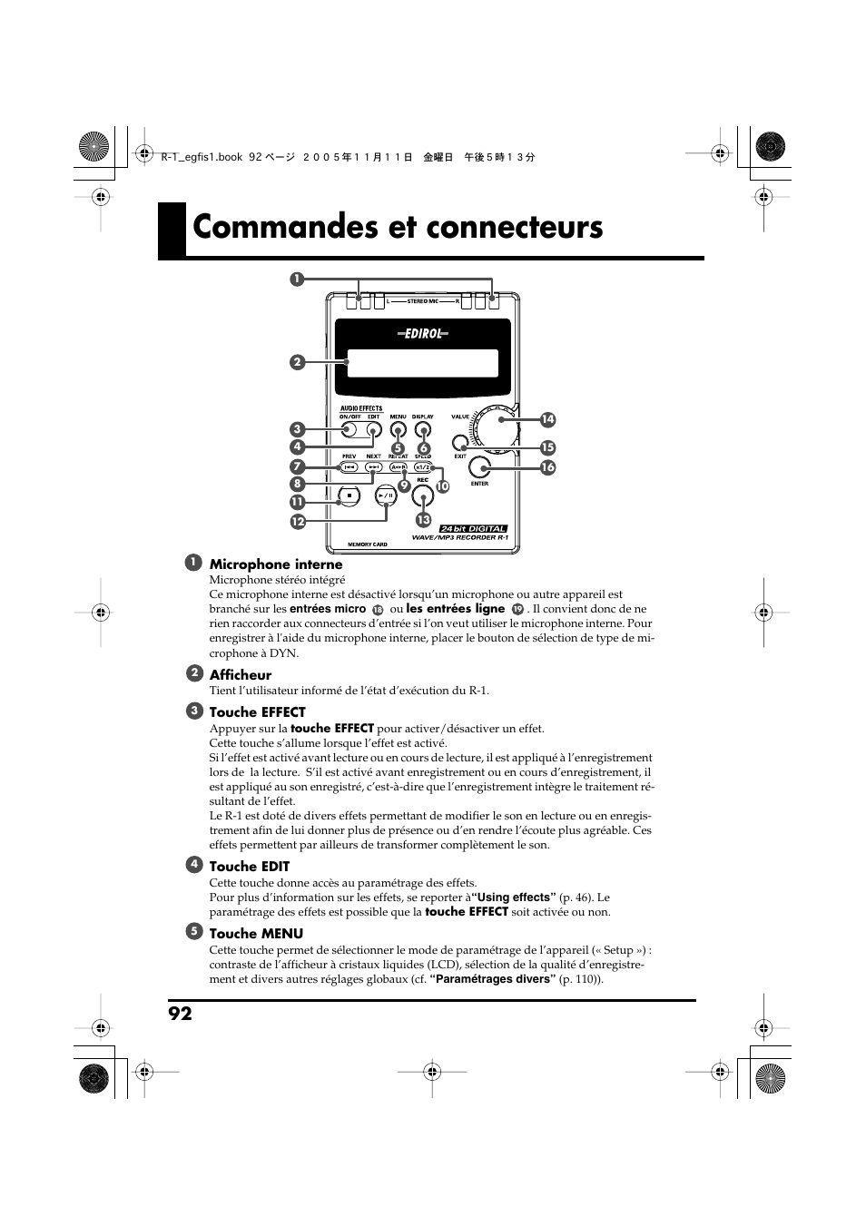 Commandes et connecteurs | Roland R-1 User Manual | Page 92 / 160