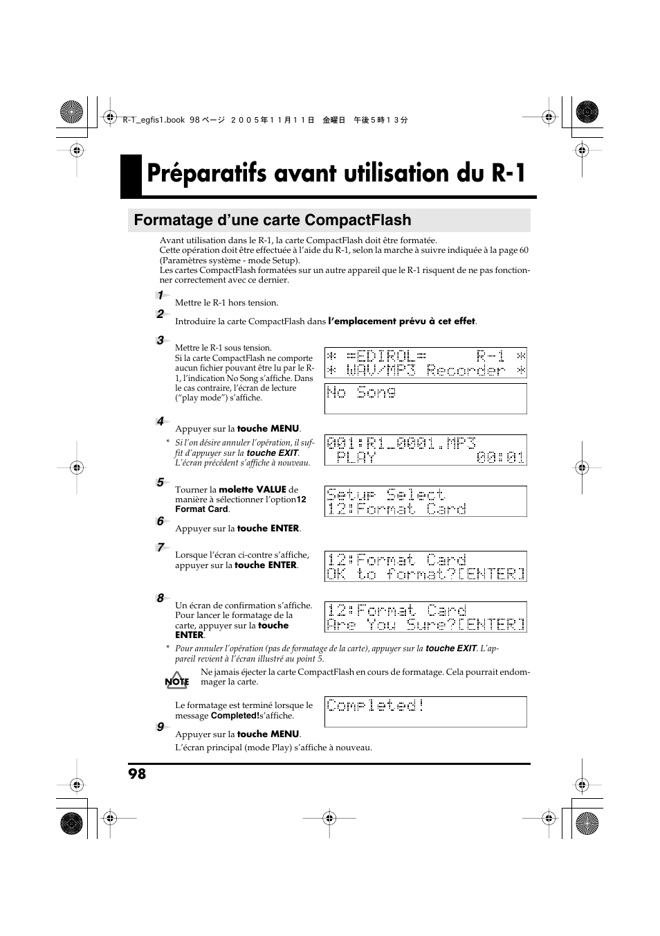 Préparatifs avant utilisation du r-1, Formatage d’une carte compactflash | Roland R-1 User Manual | Page 98 / 160