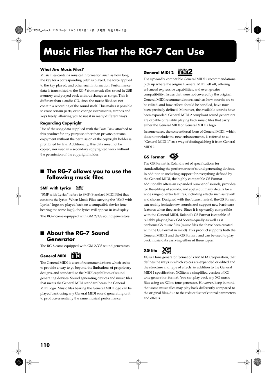 Music files that the rg-7 can use, About the rg-7 sound generator | Roland RG-7 User Manual | Page 111 / 122