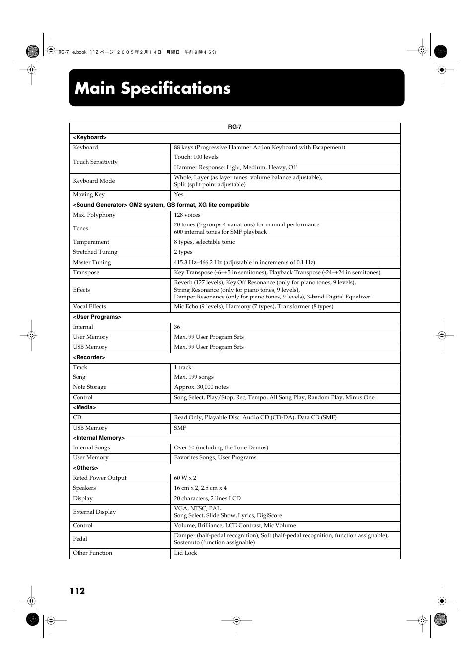 Main specifications | Roland RG-7 User Manual | Page 113 / 122