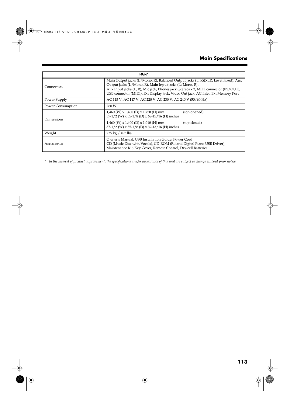 113 main specifications | Roland RG-7 User Manual | Page 114 / 122