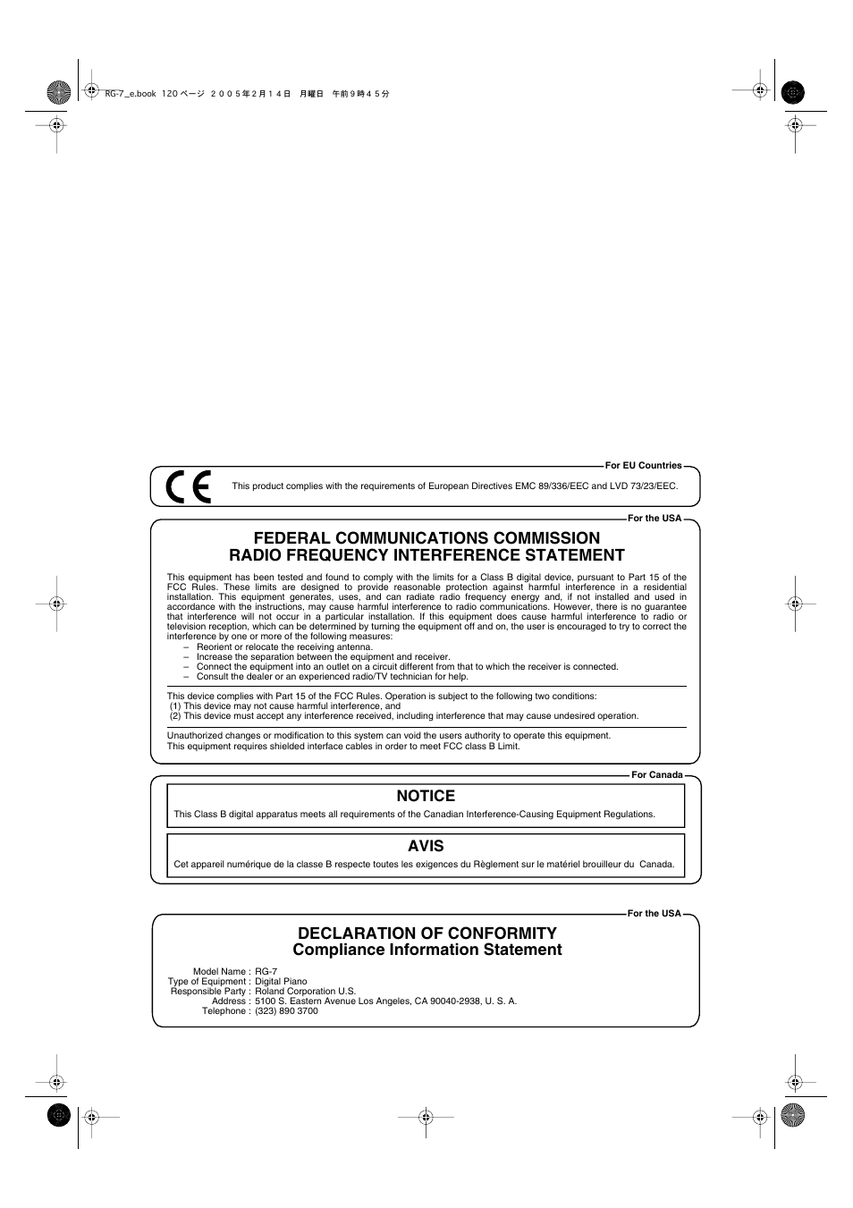 Notice avis | Roland RG-7 User Manual | Page 121 / 122