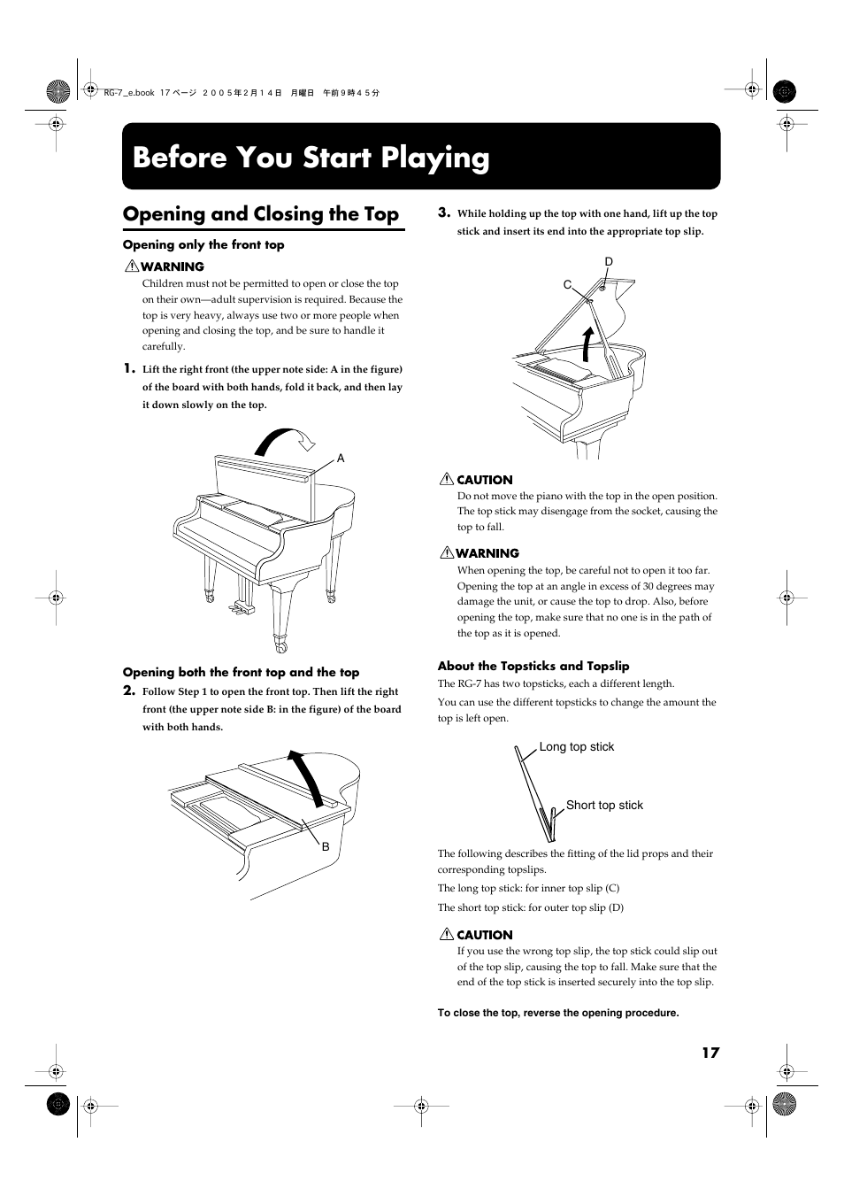 Before you start playing, Opening and closing the top | Roland RG-7 User Manual | Page 18 / 122