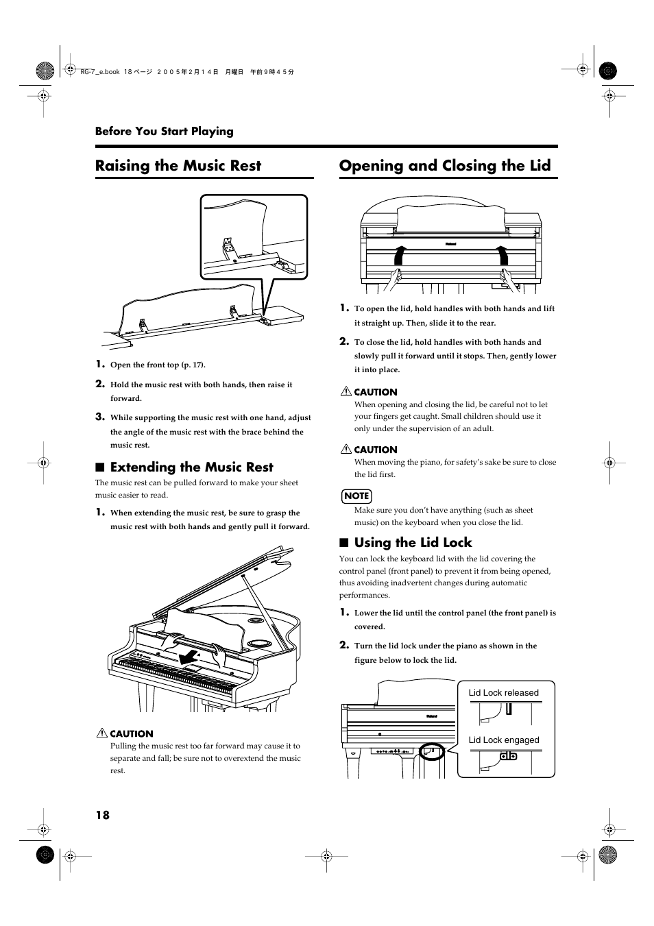 Raising the music rest, Extending the music rest, Opening and closing the lid | Using the lid lock | Roland RG-7 User Manual | Page 19 / 122