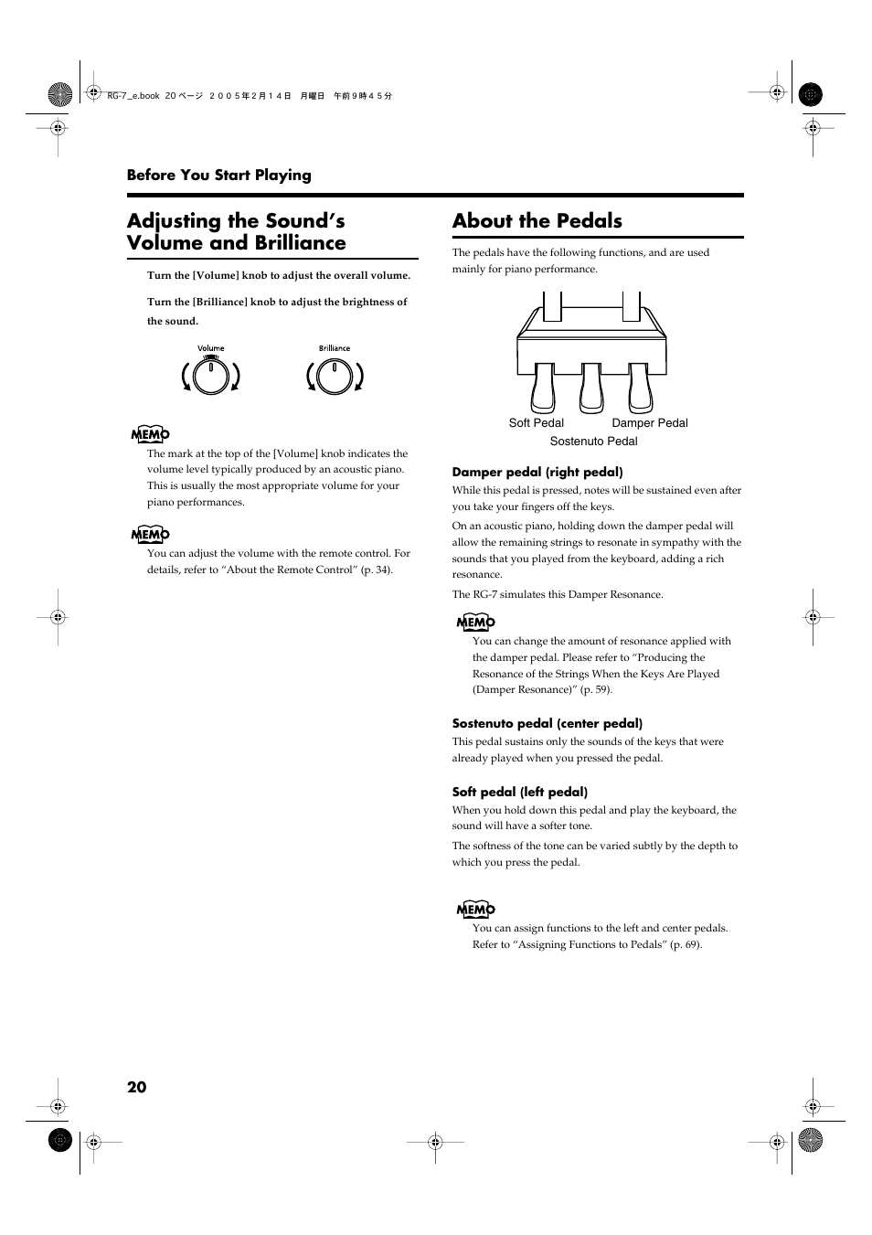 Adjusting the sound’s volume and brilliance, About the pedals, Adjusts the overall volume level (p. 20) | Adjusts the tone brightness (p. 20) | Roland RG-7 User Manual | Page 21 / 122