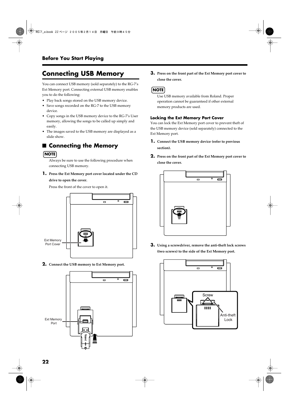 Connecting usb memory, Connecting the memory, Usb memory connected (p. 22) | Memory port (p. 22) | Roland RG-7 User Manual | Page 23 / 122