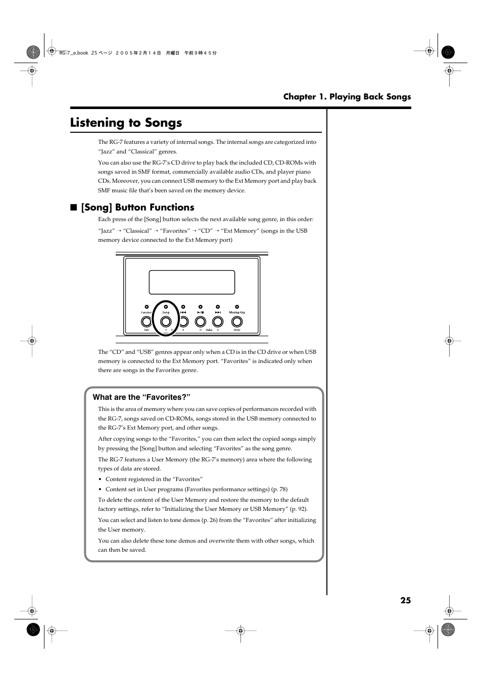 Listening to songs, Song] button functions, The song select screen is displayed (p. 25) | Roland RG-7 User Manual | Page 26 / 122