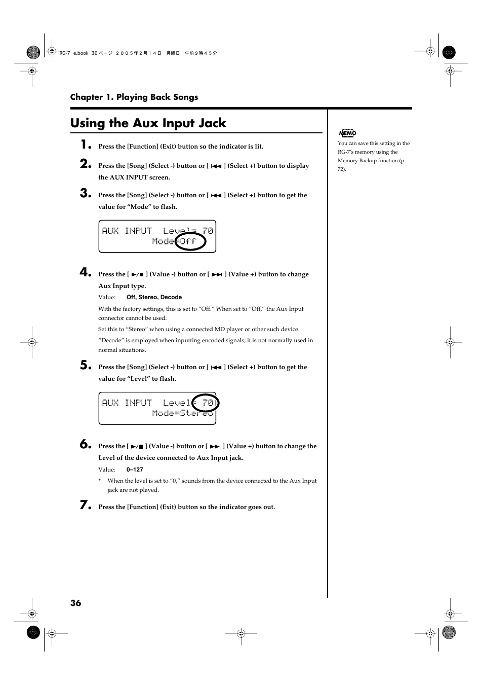 Using the aux input jack, Through the rg-7’s speakers (p. 36), Using the aux input jack 1 | Roland RG-7 User Manual | Page 37 / 122