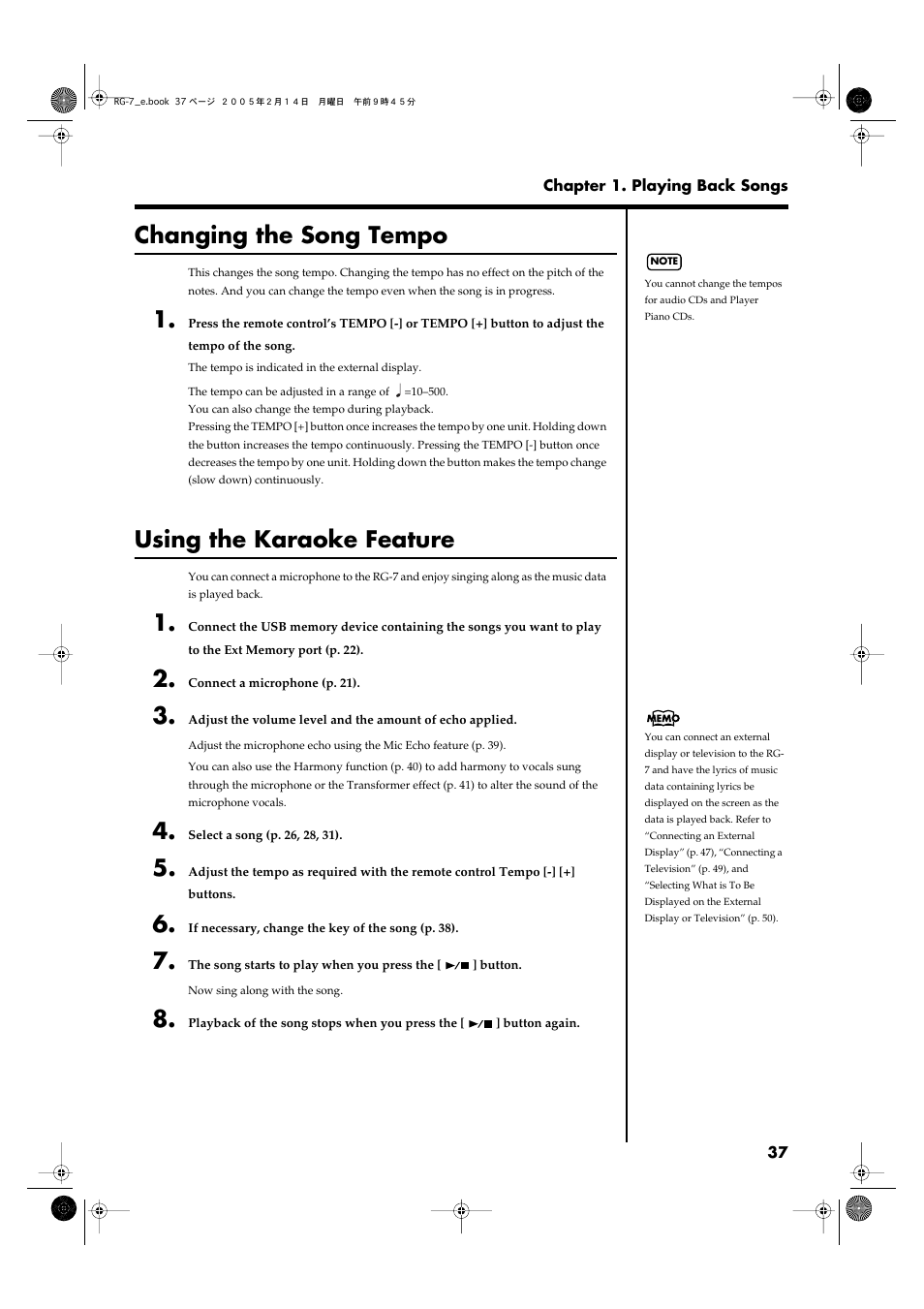 Changing the song tempo, Using the karaoke feature, Changing the song tempo using the karaoke feature | Roland RG-7 User Manual | Page 38 / 122