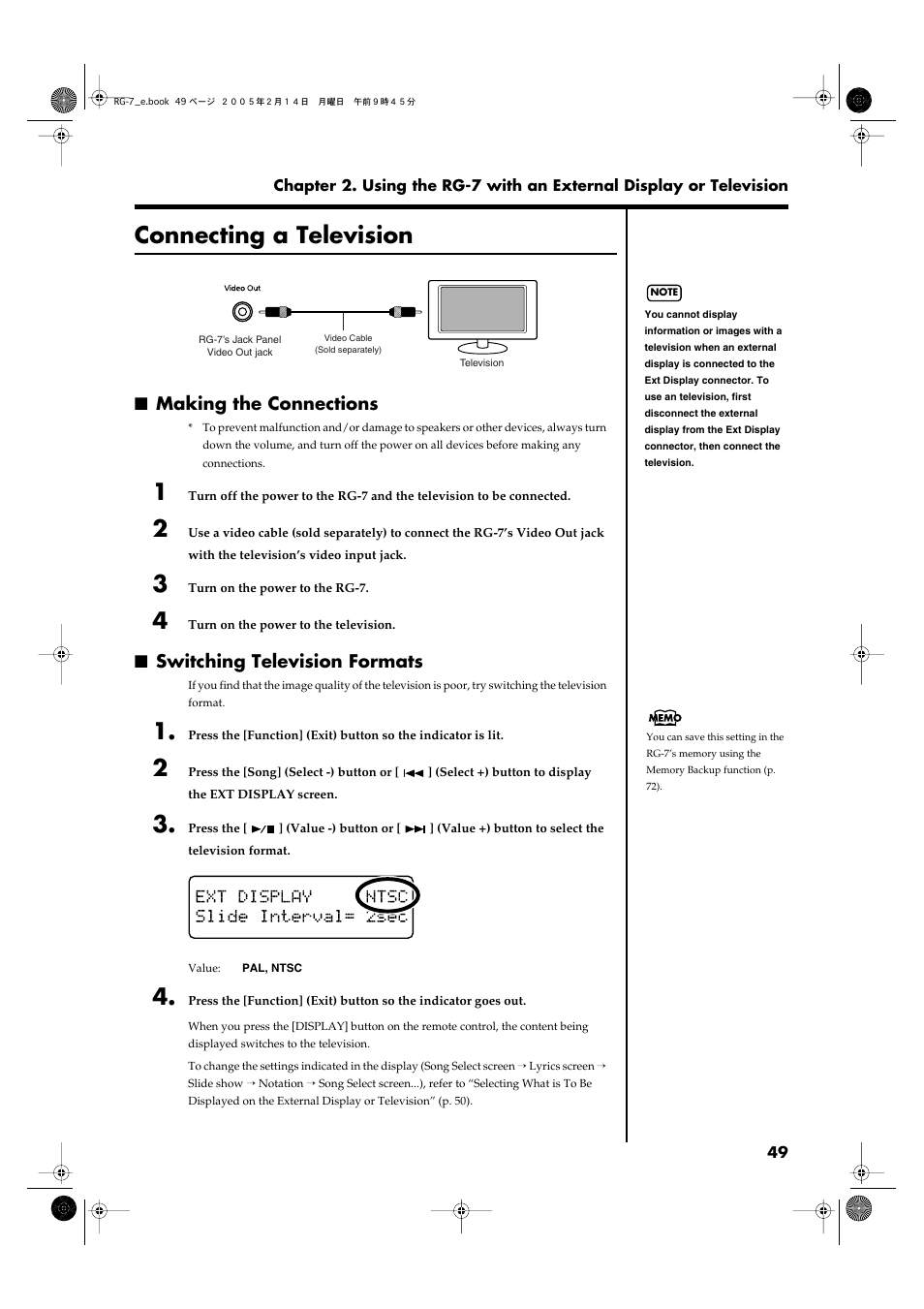Connecting a television, Making the connections, Switching television formats | The connected television set (p. 49), Television” (p. 49), and | Roland RG-7 User Manual | Page 50 / 122