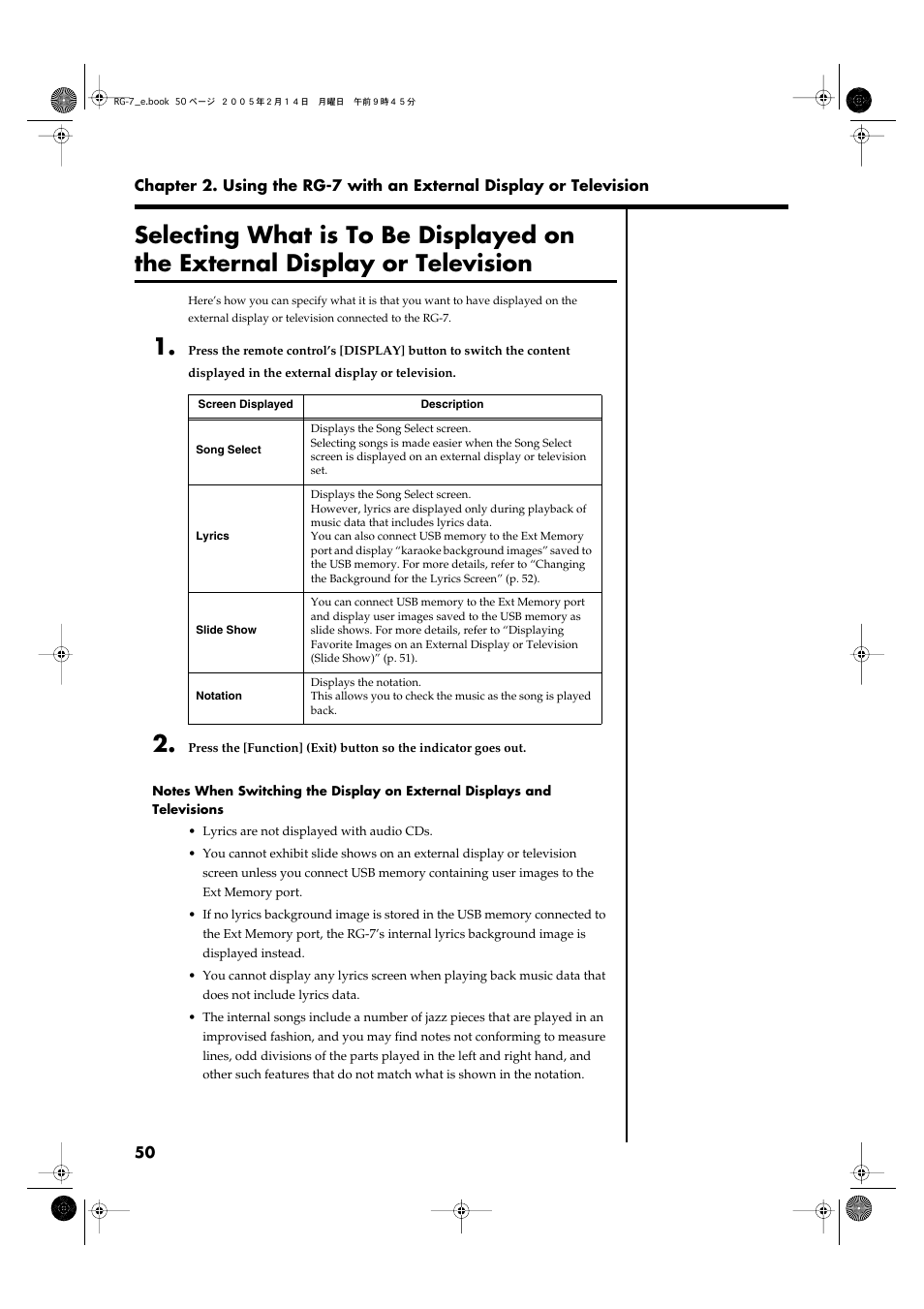 Screen (p. 50), Selecting what is to be, Displayed on the external | Display or television” (p. 50) | Roland RG-7 User Manual | Page 51 / 122