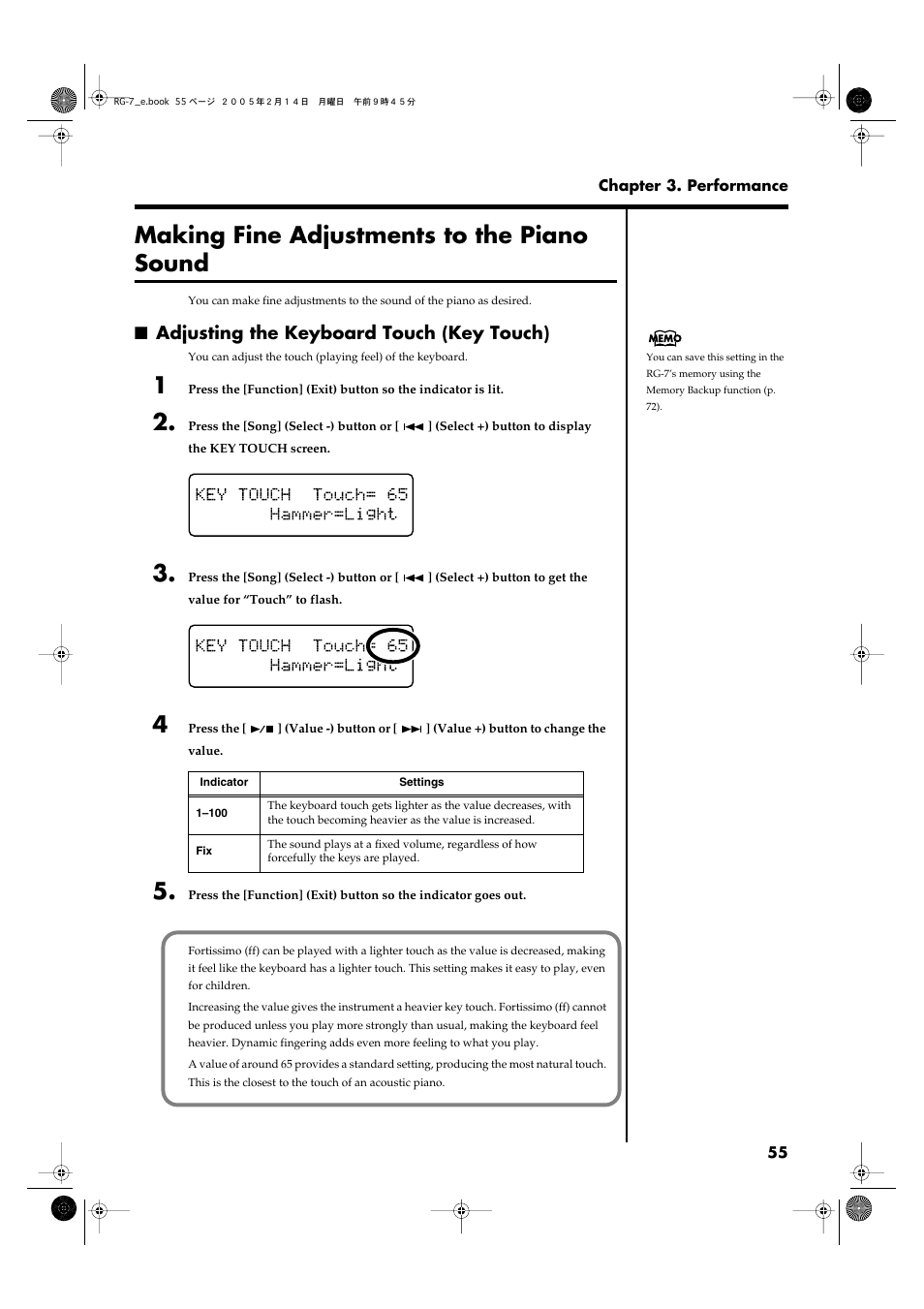 Making fine adjustments to the piano sound, Adjusting the keyboard touch (key touch) | Roland RG-7 User Manual | Page 56 / 122