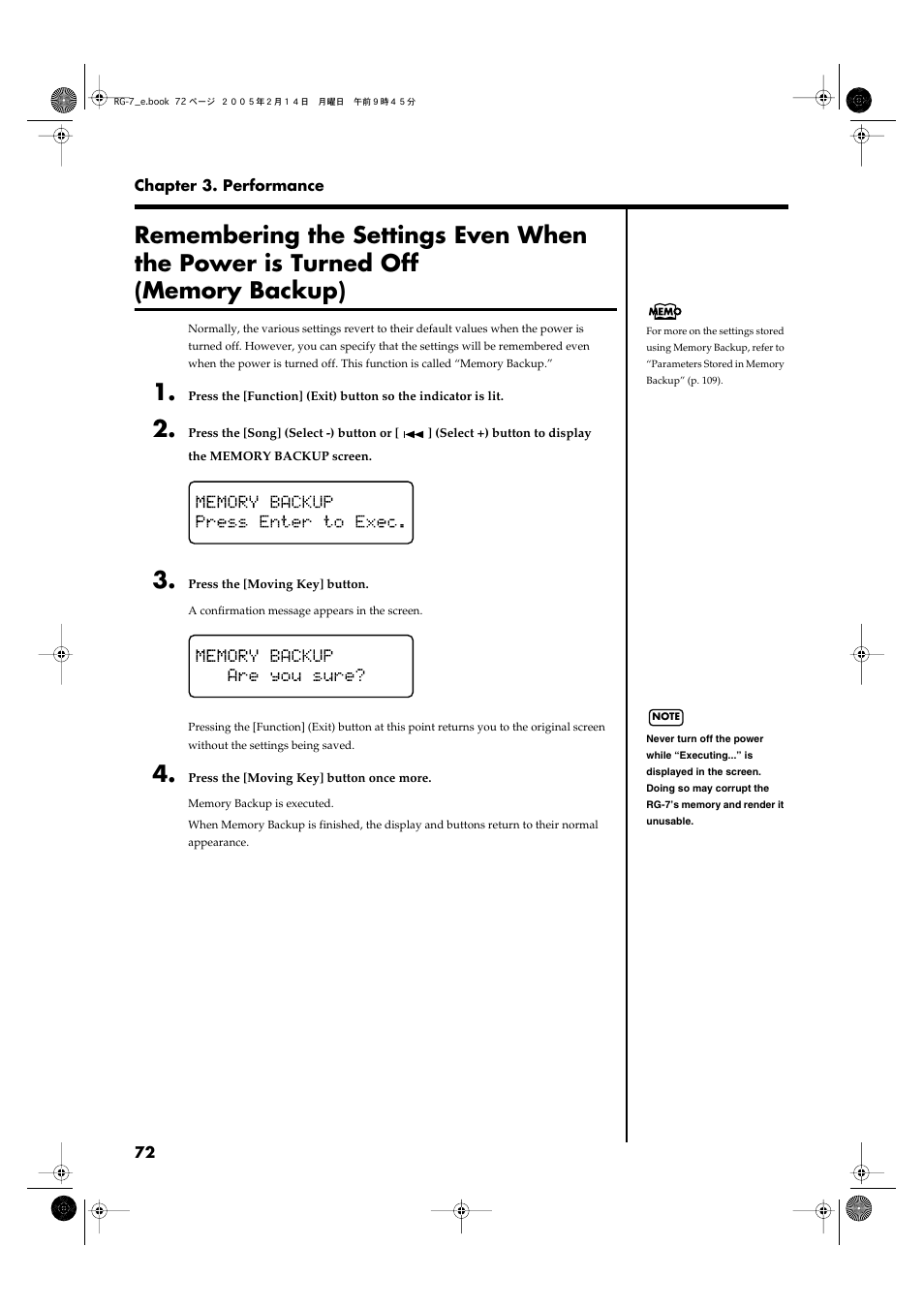 Memory backup function (p | Roland RG-7 User Manual | Page 73 / 122