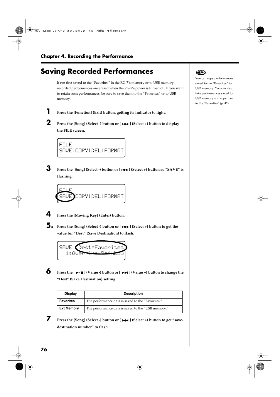 Saving recorded performances, Your usb memory (p. 76), Memory port (p. 76) | Roland RG-7 User Manual | Page 77 / 122