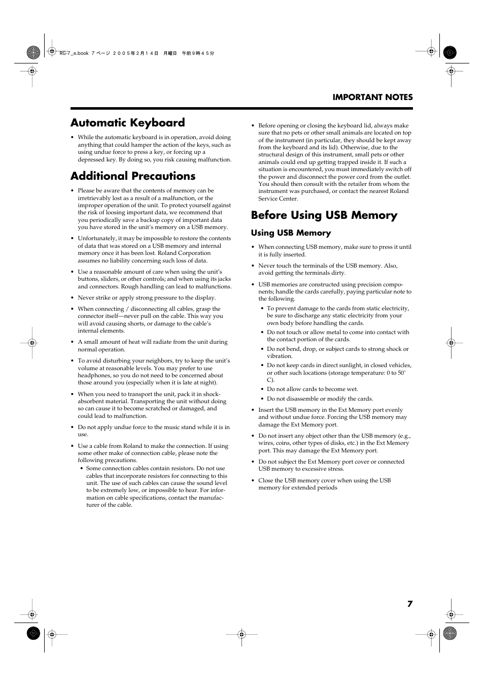 Automatic keyboard, Additional precautions | Roland RG-7 User Manual | Page 8 / 122