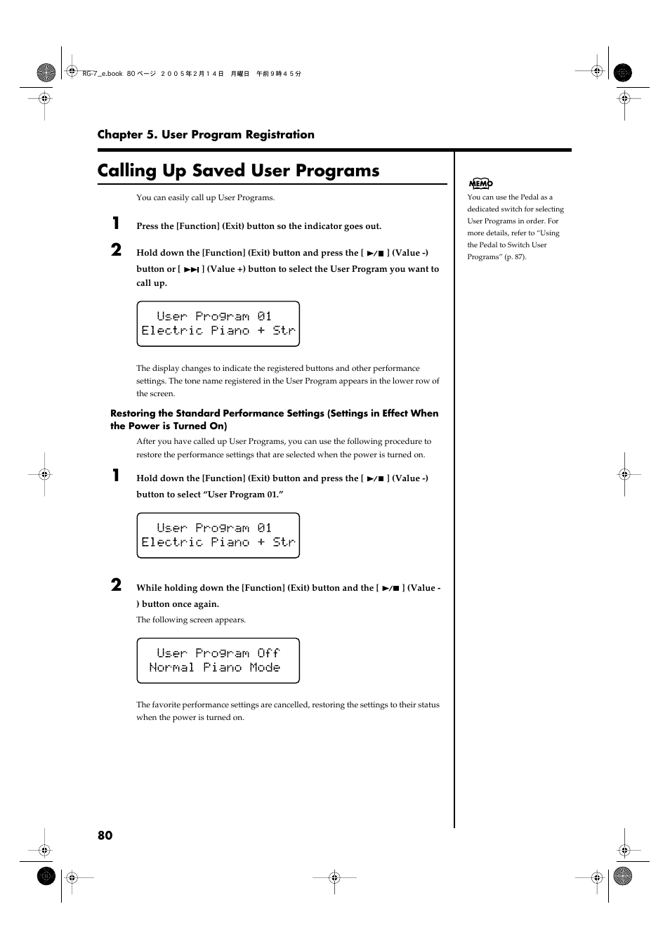 Calling up saved user programs | Roland RG-7 User Manual | Page 81 / 122