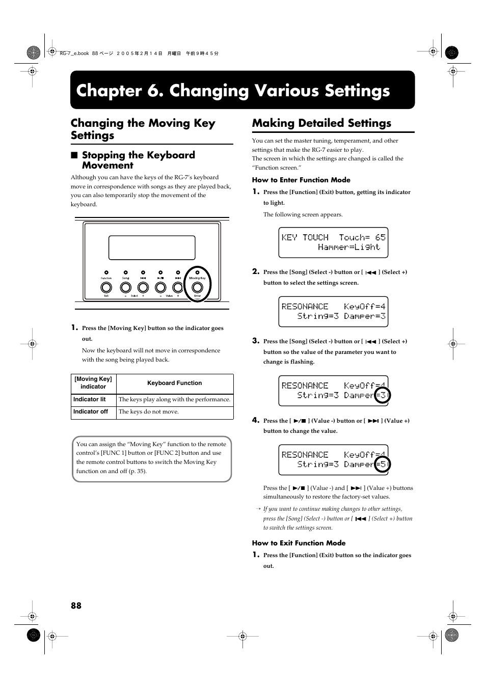 Chapter 6. changing various settings, Changing the moving key settings, Stopping the keyboard movement | Making detailed settings, P. 88), To change the value of a setting (p. 88), P. 88). this feature provides keyboard movement | Roland RG-7 User Manual | Page 89 / 122