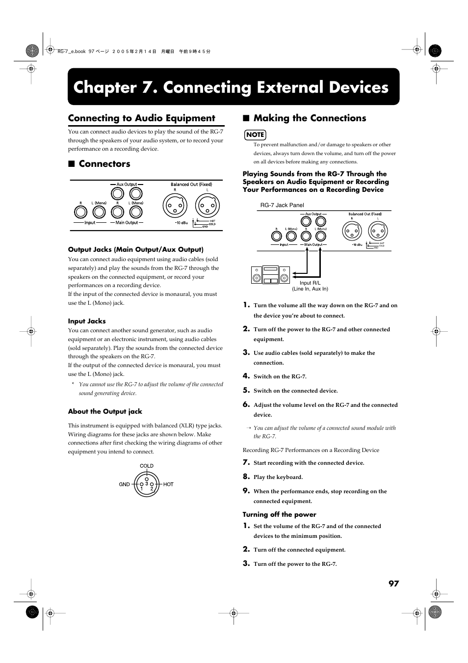 Chapter 7. connecting external devices, Connecting to audio equipment, Connectors | Making the connections, Connectors making the connections, Through the rg-7’s speakers (p. 97), Enjoy more powerful sound (p. 97), Mixer or other such device here (p. 97) | Roland RG-7 User Manual | Page 98 / 122