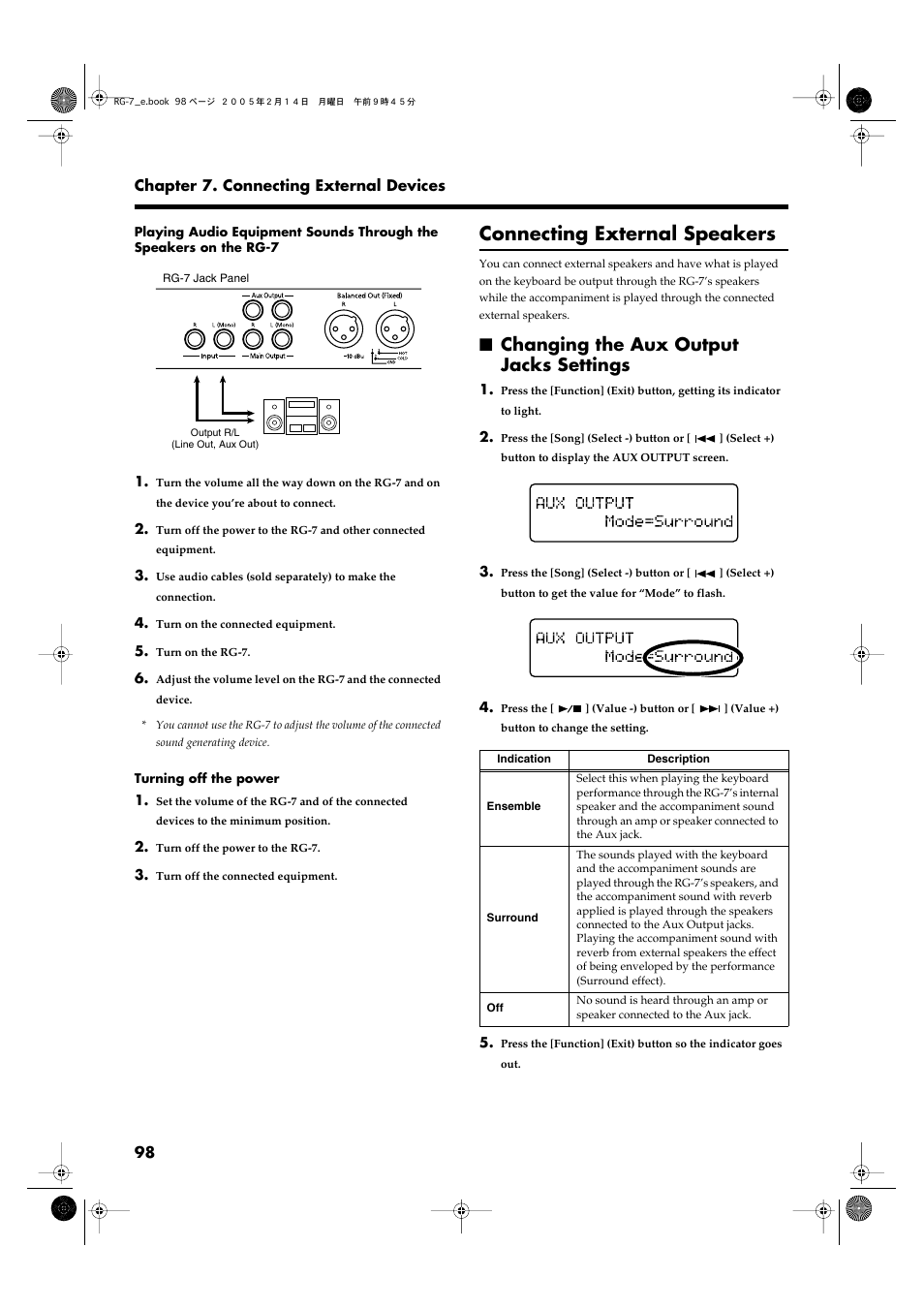 Connecting external speakers, Changing the aux output jacks settings, Play accompaniment or surround sound (p. 98) | Roland RG-7 User Manual | Page 99 / 122