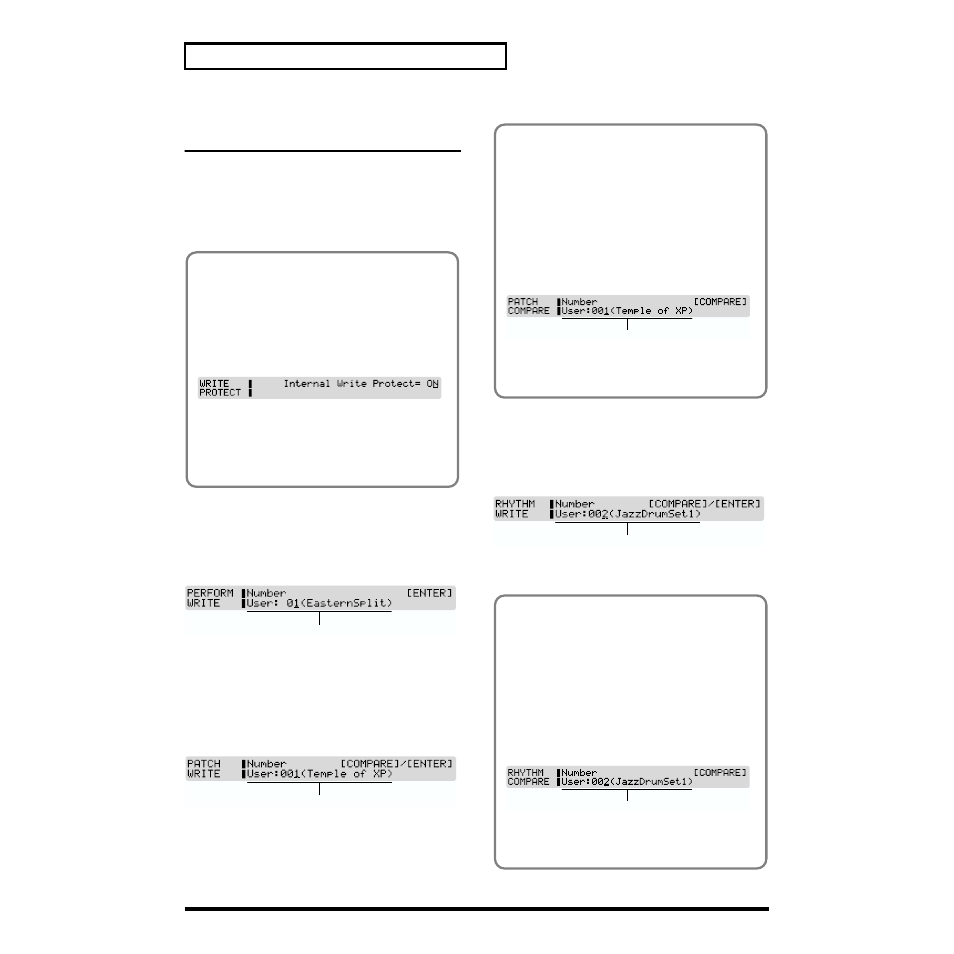 Storing sound data in user memory (write), Performance write, Patch write | Rhythm set write, Performance write patch write rhythm set write, P. 116, Ve modified into user memory (p. 116) | Roland XP-30 User Manual | Page 116 / 216