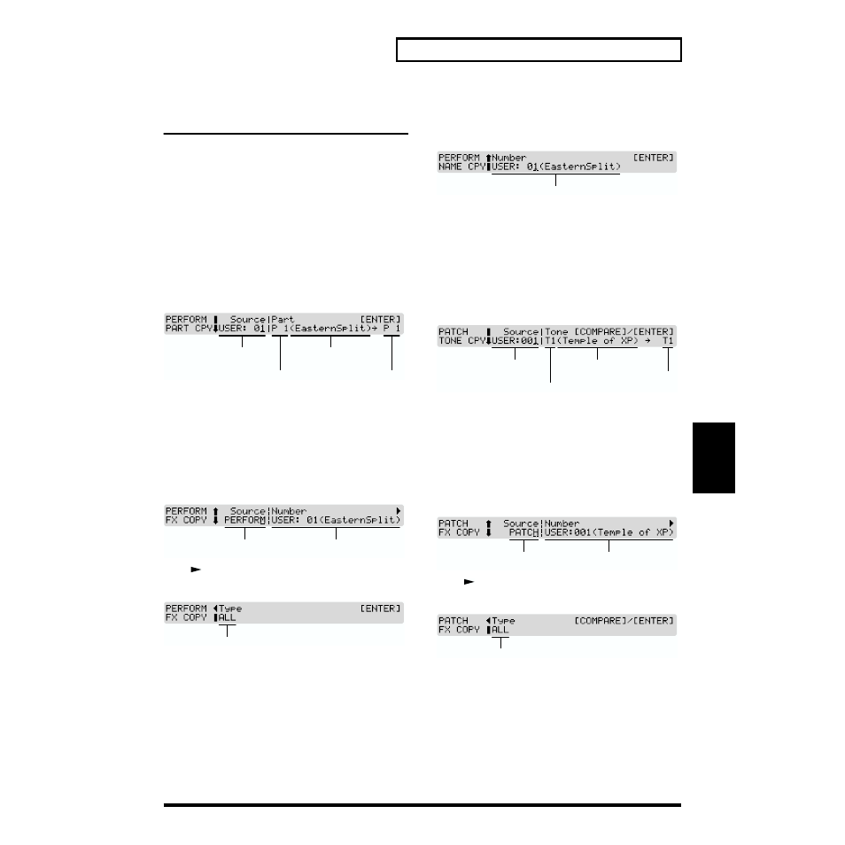 Copying sound source settings (copy), Performance copy, Patch copy | Performance copy patch copy, Set (p. 117) | Roland XP-30 User Manual | Page 117 / 216