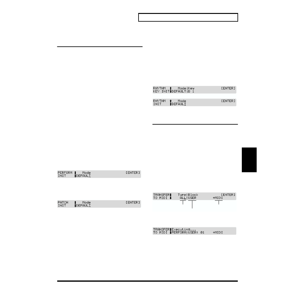 Initializing sound source settings (init), Performance initialize, Patch initialize | Rhythm set initialize, Transmitting sound settings (xfer), Transmitting data to an external midi device, Rhythm set to default factory settings (p. 119) | Roland XP-30 User Manual | Page 119 / 216