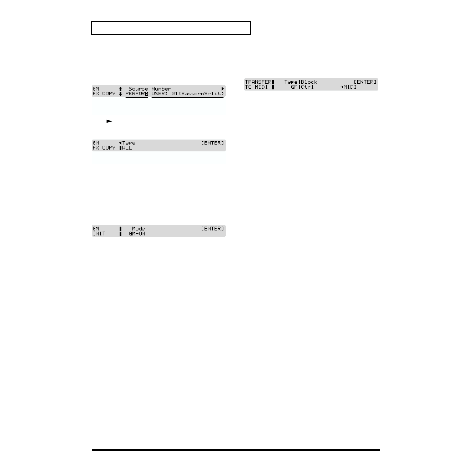 Copying effects settings (copy), Initializing gm mode (init), Transmitting gm mode settings (xfer) | Roland XP-30 User Manual | Page 128 / 216