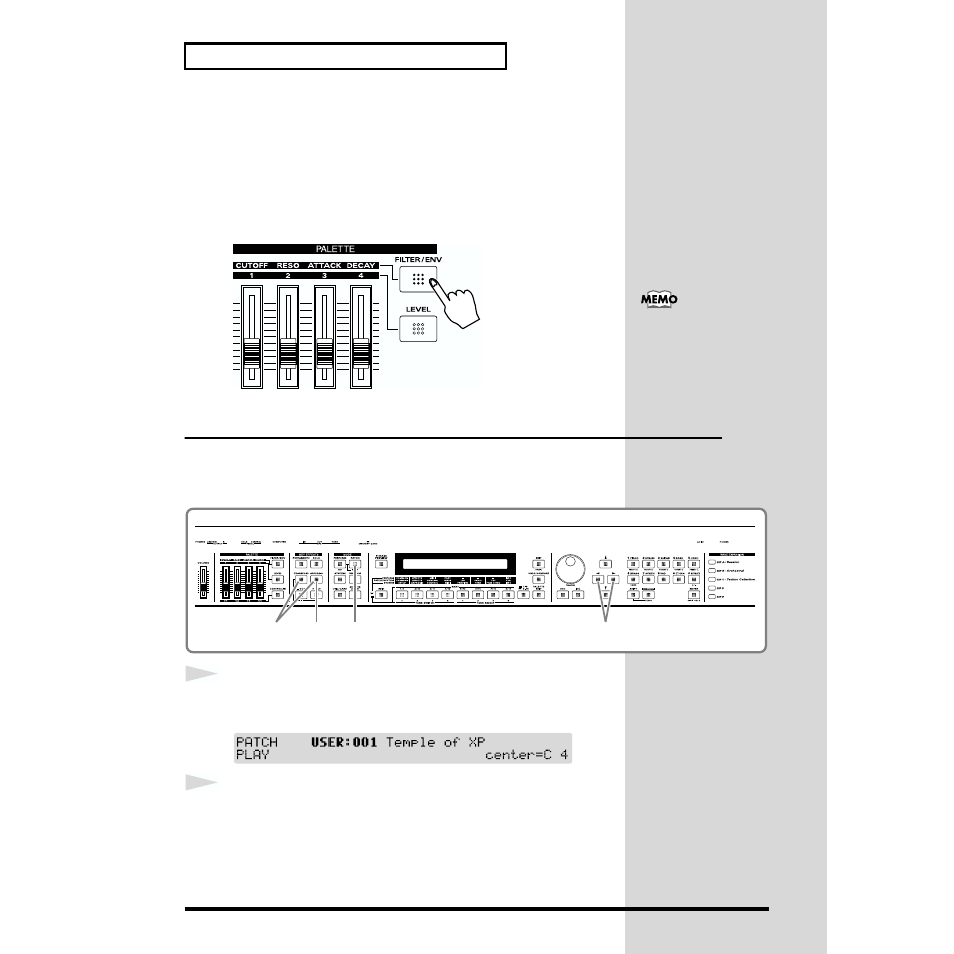 Sound palette, Play arpeggios (arpeggiator), Attack/decay) | P. 36, 51, 54, Time using the four sliders (1/2/3/4), Switches arpeggiator on/off, P. 36, 56 | Roland XP-30 User Manual | Page 36 / 216