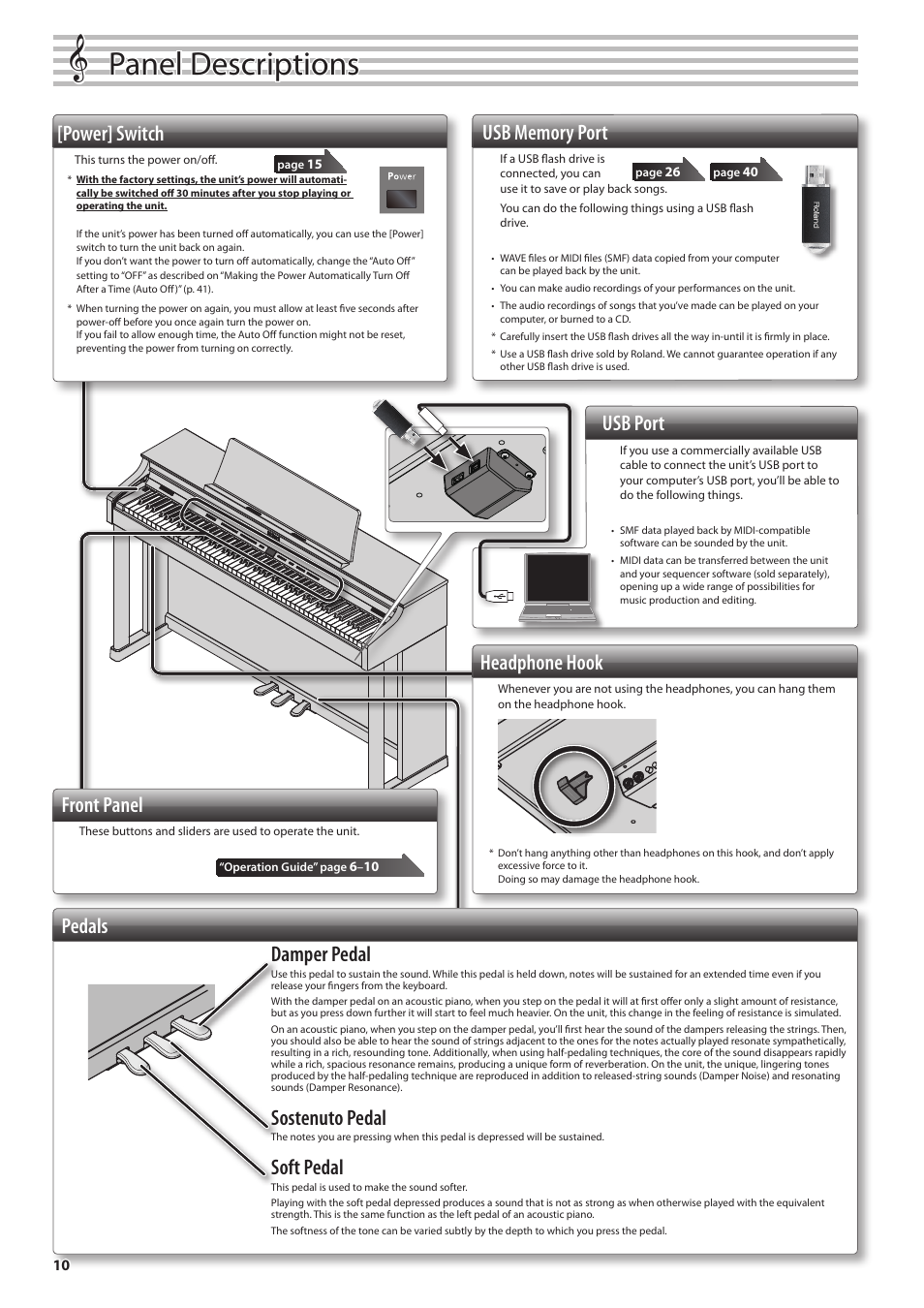 Panel descriptions, Power] switch, Damper pedal | Sostenuto pedal, Soft pedal, Pedals headphone hook, Front panel, Usb port | Roland DIGITAL PIANO HP505 User Manual | Page 10 / 68