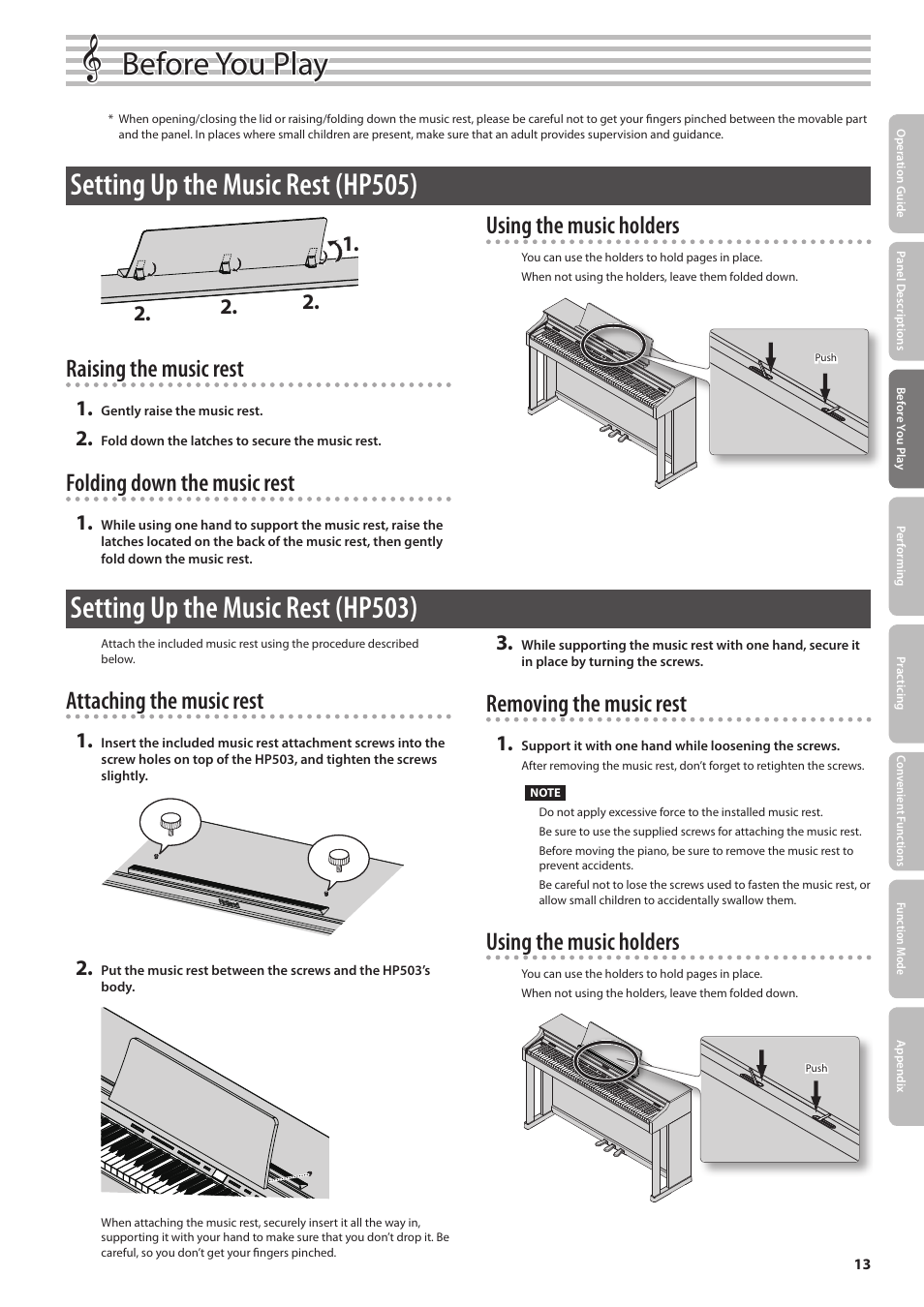 Before you play, Raising the music rest, Folding down the music rest | Using the music holders, Attaching the music rest, Removing the music rest | Roland DIGITAL PIANO HP505 User Manual | Page 13 / 68