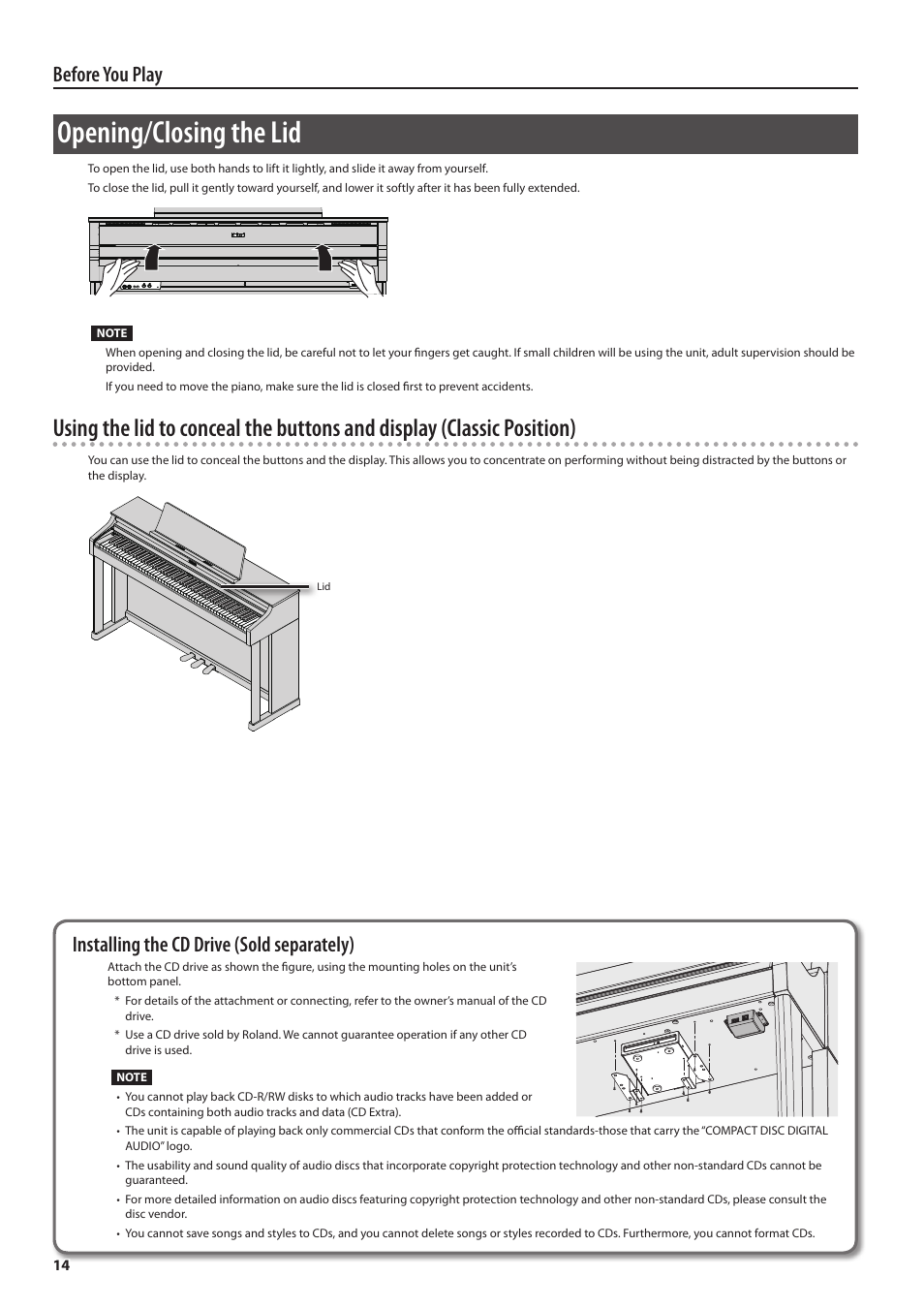 Opening/closing the lid, Before you play, Installing the cd drive (sold separately) | Roland DIGITAL PIANO HP505 User Manual | Page 14 / 68